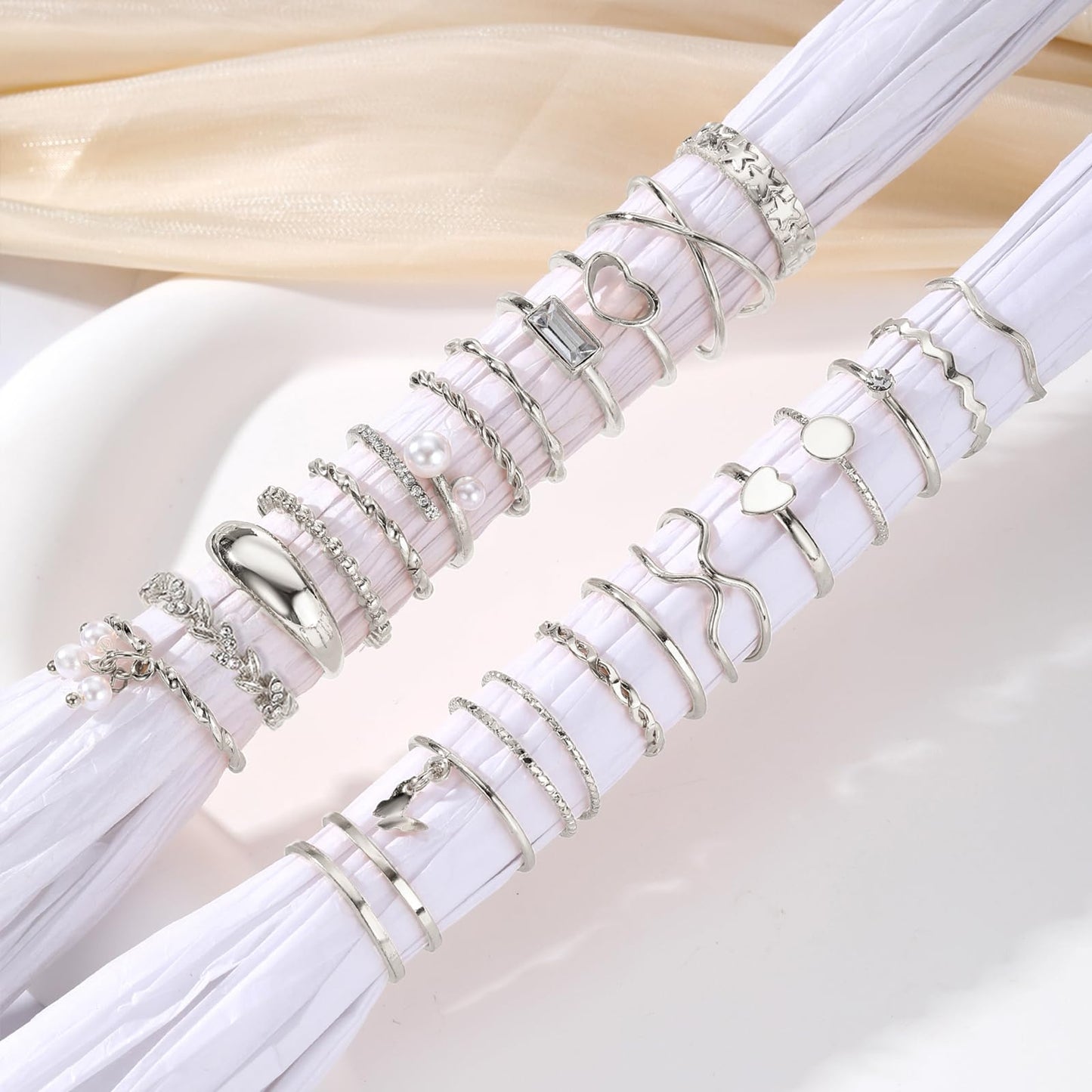 IFKM 24 Pcs Silver Knuckle Rings Set For Women Vintage Stackable Joint Finger Midi Rings Dainty Cubic Zirconia Crystal Simple Twist Hollow Cute Rings Pack Jewelry Gift (Heart's Voice, Silver)