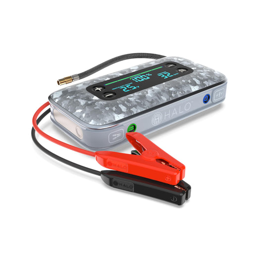 HALO Bolt Air+ 1750 Portable Car Battery Jump Starter | 130 PSI Air Compressor, 59.9Wh USB Power Bank, Large Display, Emergency Floodlight & Charger, Jumps Cars SUVs & Trucks, Inflates Tires — Silver