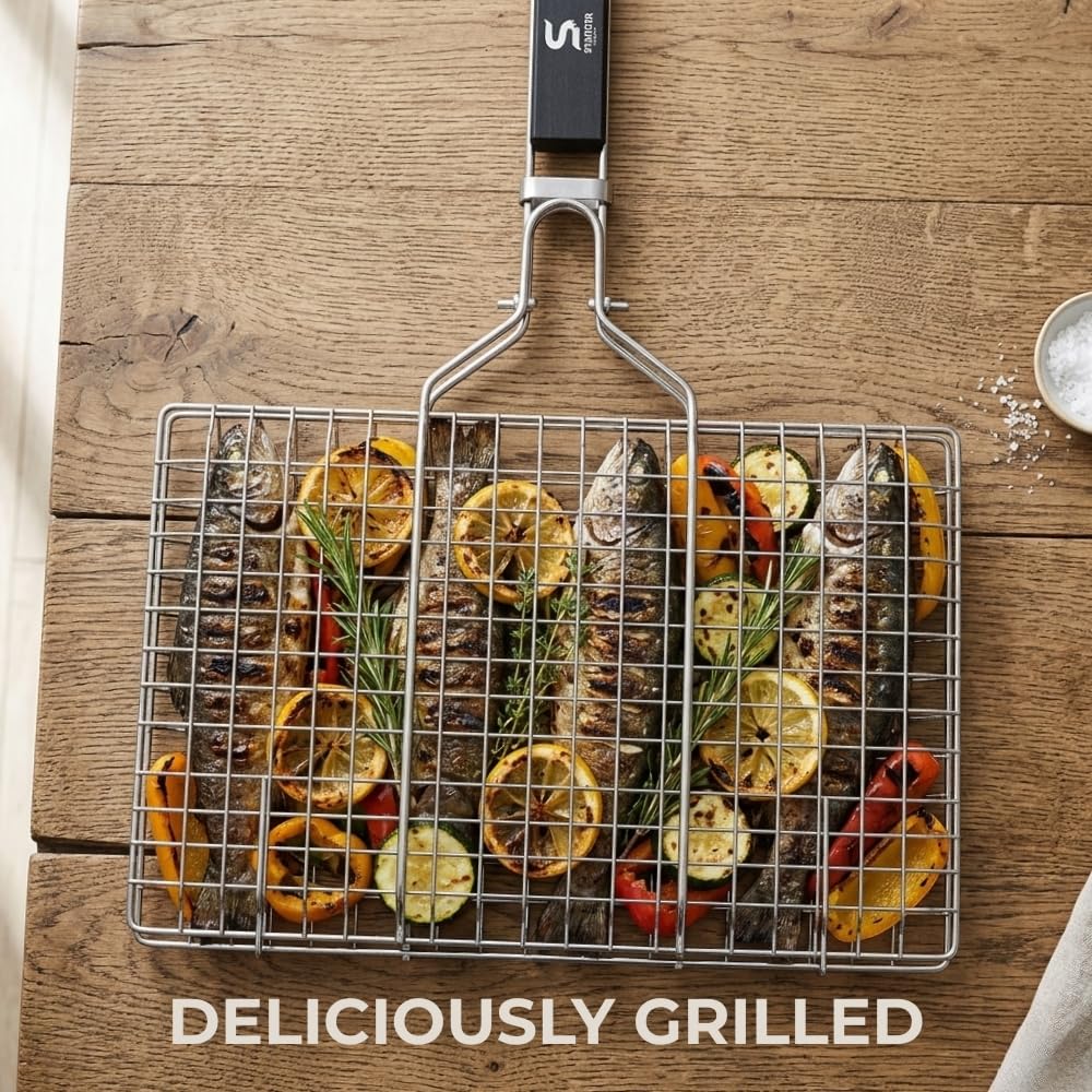 BBQ Grill Basket for Outdoor Cooking, Stainless Steel Fish Basket with Detachable Heat Resistant Handle, Lockable Design for Vegetables Shrimp Meat, Camping Cooking Rack, Grilling Accessories