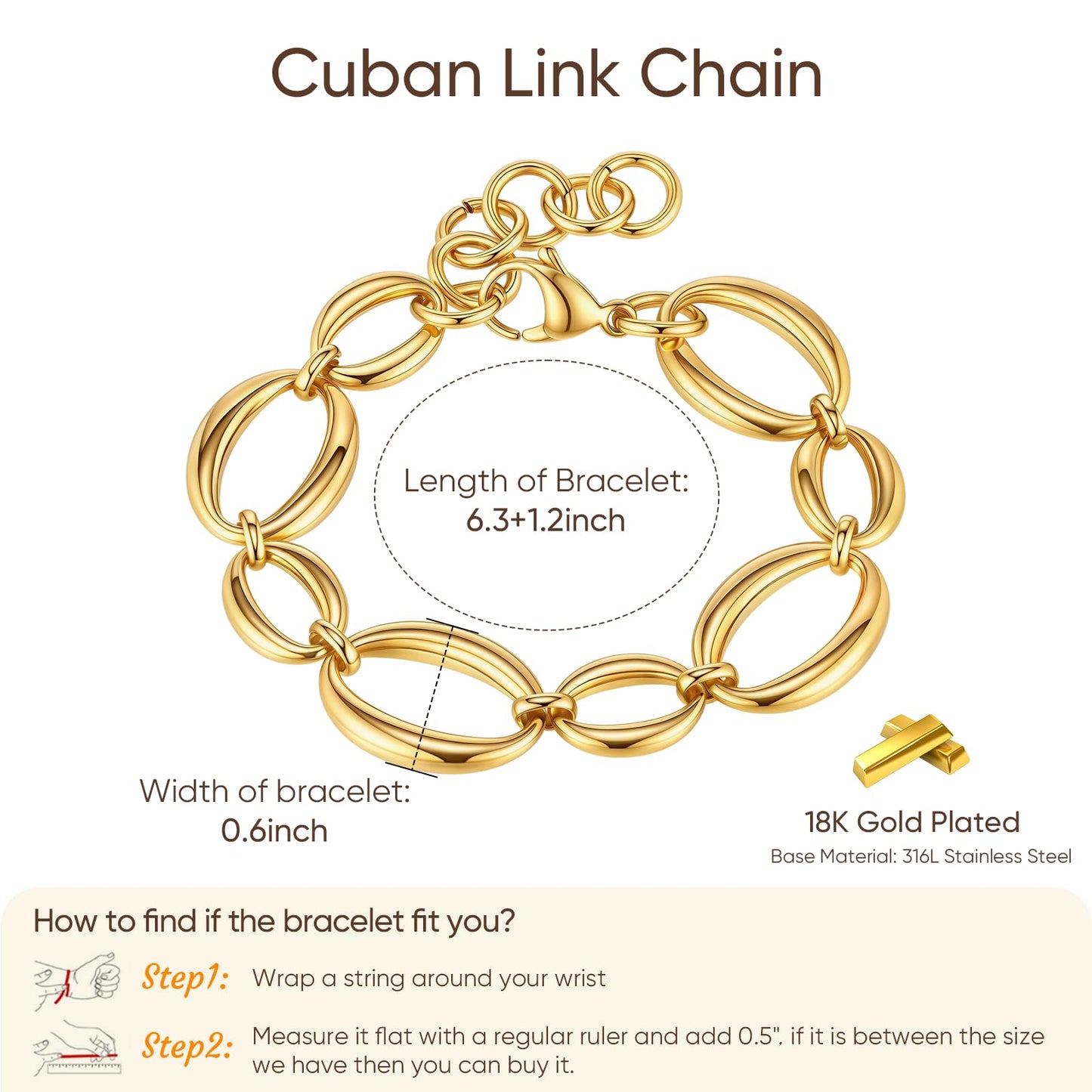 Chunky Gold Bracelets for Women - 18K Gold Plated Cuban Link Bracelet, Stainless Steel Non-tarnish Waterproof Thick Chain Trendy Jewelry Gifts, Christmas Valentines Prom Birthday Gift for Girlfriend