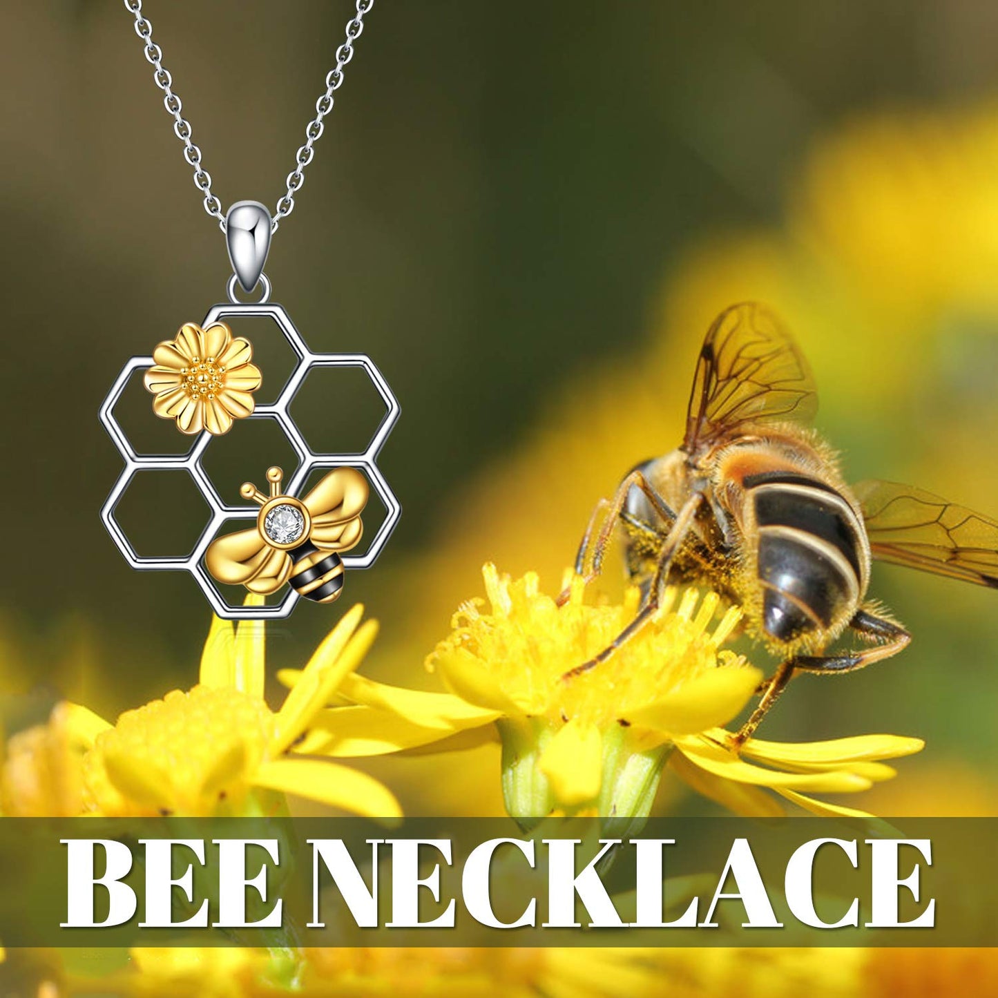 LUHE Bee Necklace 925 Sterling Silver Bumblebee Necklace Honeycomb Cute Flower Pendant Jewelry for Women Christmas Gifts for Her