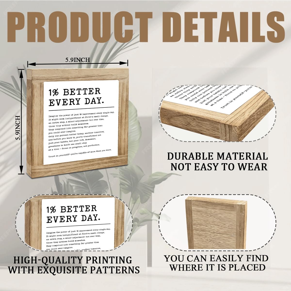 Inspirational Wooden Box Sign, 1% Better Every Day Sign, Decorative Wooden Signs and Plaques, Motivational Home Office Desk Decor, Positive Gift for Coworker and Friends