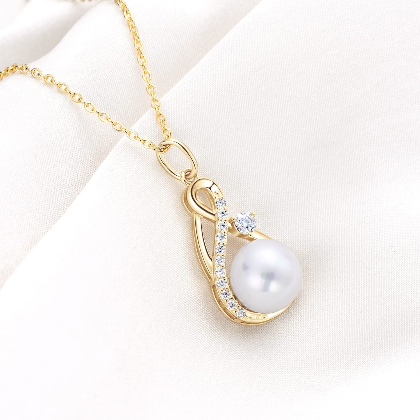 DENGGUANG Freshwater Pearl Pendant Necklace for Women, 14K Gold Plated Infinity Single Pearl Necklace with Moissanite, 925 Sterling Silver Adjustable Chain, Mothers Day Gifts for Mom