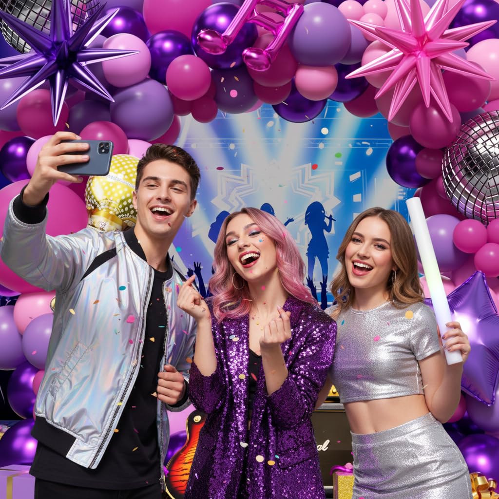 PTGOLUO K-Pop Music themed Birthday Decorations 160Pcs, Hot Pink Metallic Purple Balloon Garland Arch Kit with Disco Notes Star Foil Balloons for Girls Fans Birthday Grad Prom Princess Party Decor