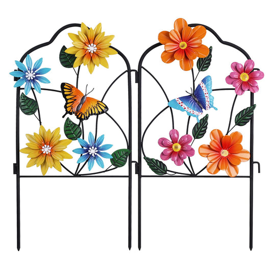 hogardeck Garden Decor for Outside, Set of 2 Metal Fence Decorative Garden Stakes with Flowers for Spring Decor, Yard Signs for Outdoor Patio Lawn Backyard Porch Decorations