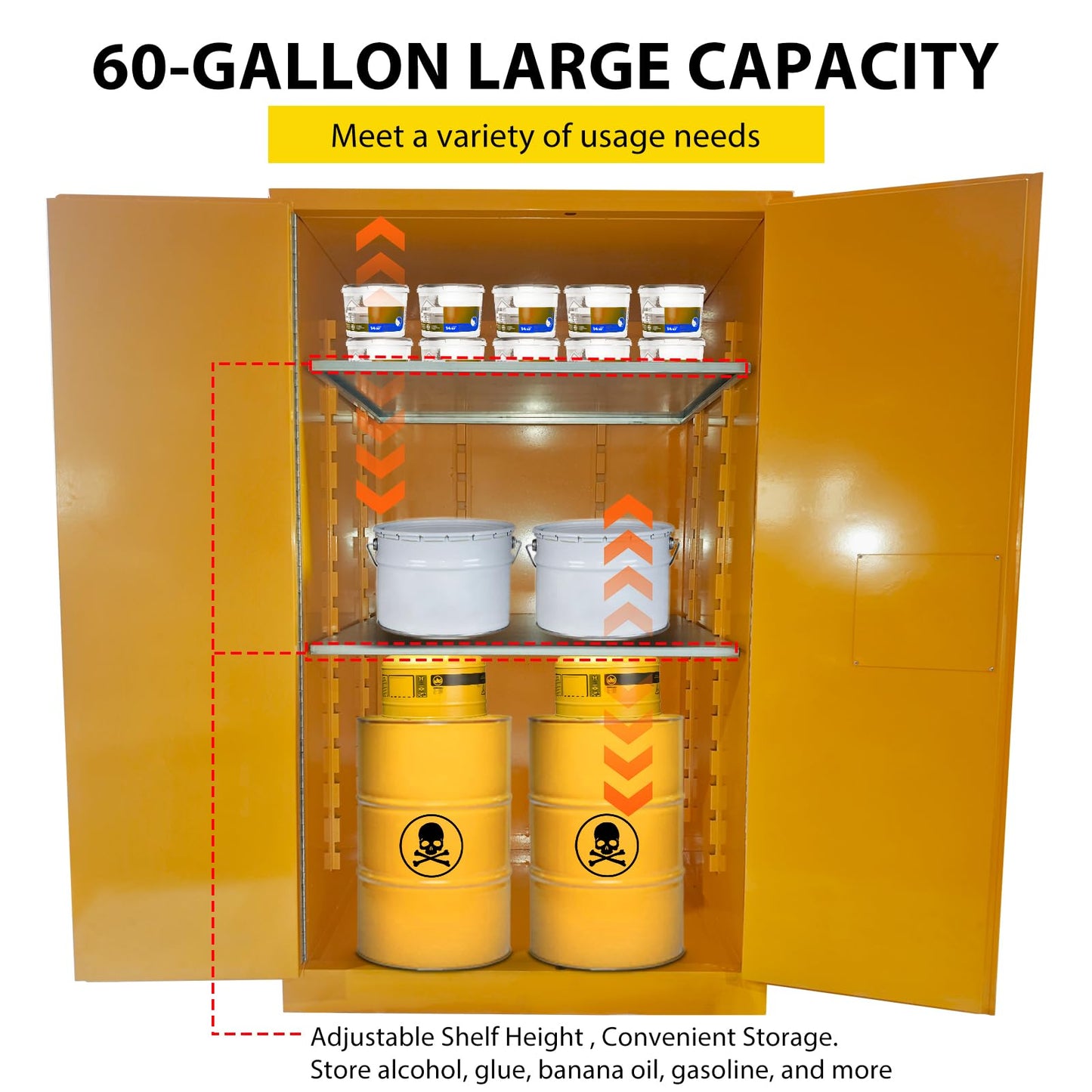 60 Gallon Flammable Safety Cabinet, Industrial Steel Fireproof Storage Locker for Flammable Liquids, 2 Adjustable Shelves, Manual Close Doors, Double-Wall Design, OSHA Compliant Cabinet 65"X34" X34"