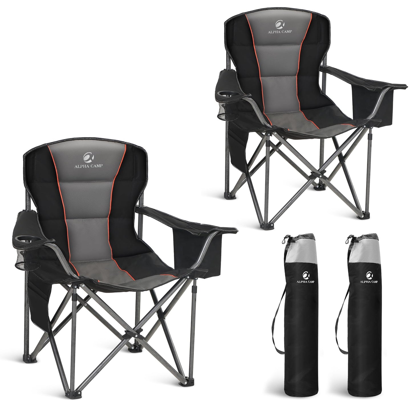 LET'S CAMP Folding Camping Chair Oversized Heavy Duty Padded Outdoor Chair with Cup Holder Storage and Cooler Bag, 450 LBS Weight Capacity, Thicken 600D Oxford,2 Pack