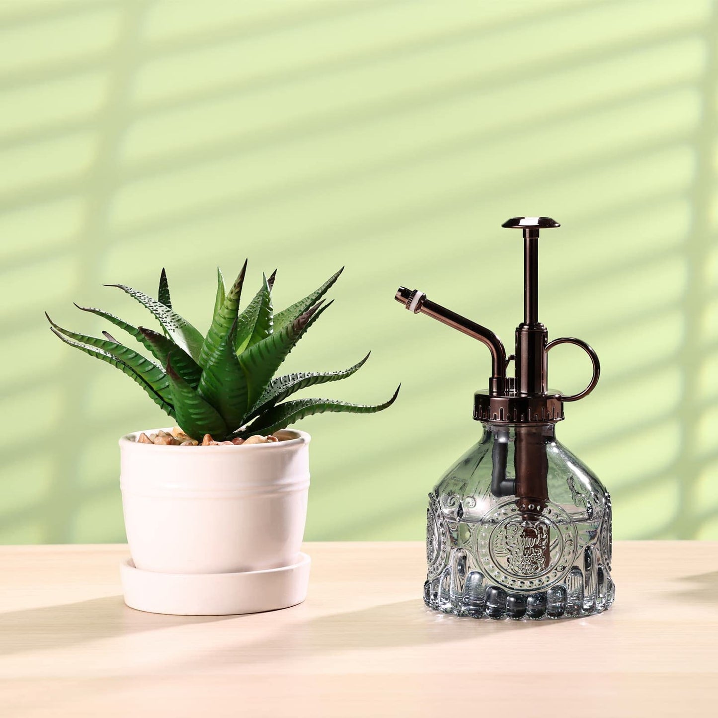 Aebor Glass Plant Mister - 6.5" Green Glass Water Spray Bottle with Gold Top Pump, Small Plant Sprayer for Indoor/Outdoor House Plants (Gray+Bronze)
