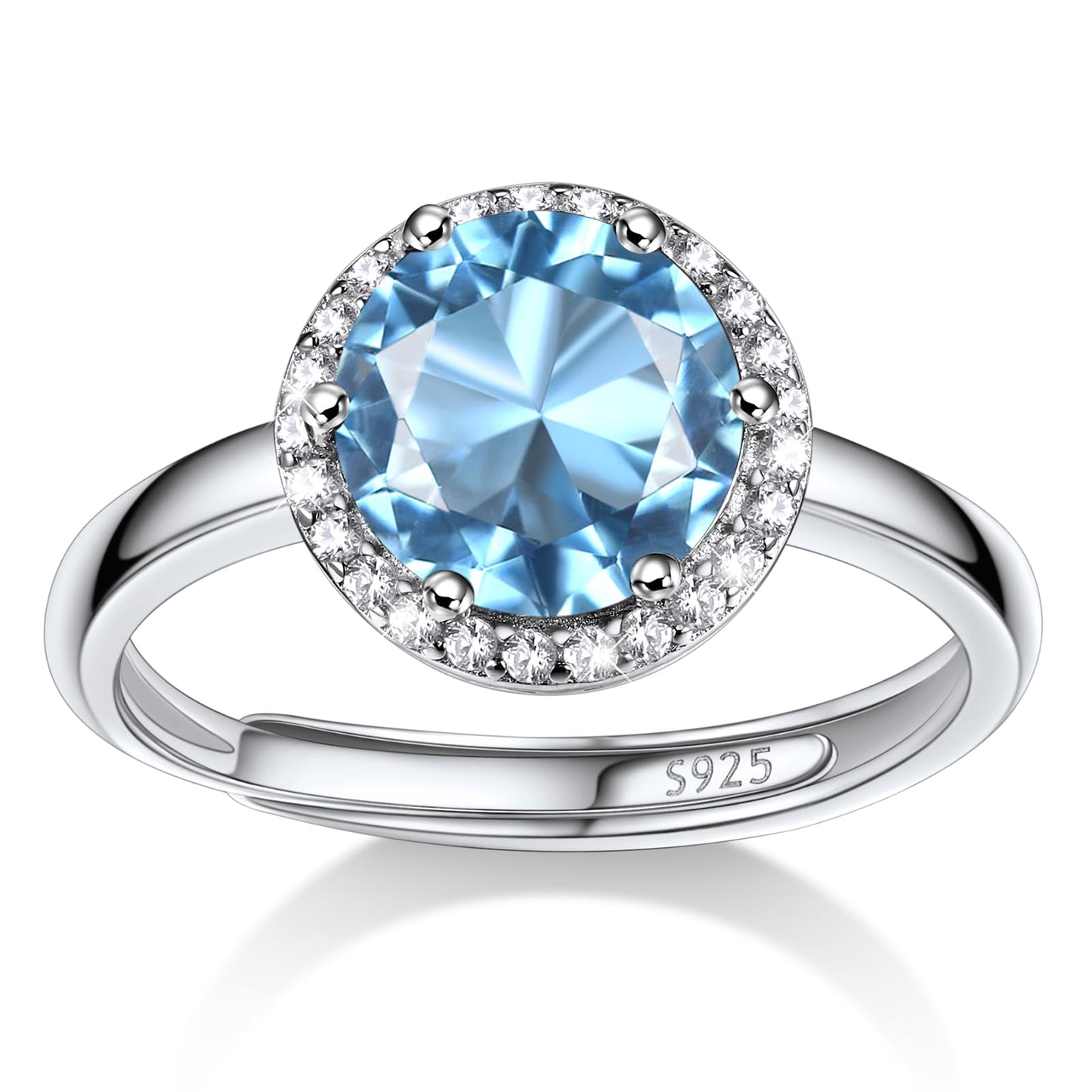Bestyle 925 Sterling Silver Love Round Cubic Zirconia Rings March Aquamarine Crystal Gemstone Rings for Women, Hypoallergenic Adjustable Rings for Every Finger