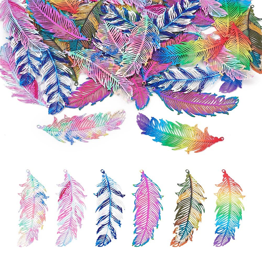 FASHEWELRY 48Pcs Stainless Steel Rainbow Feather Charms Metal Wings Earring Connector Charms Filigree Metal Embellishments for Jewelry Making DIY Bracelet Necklace