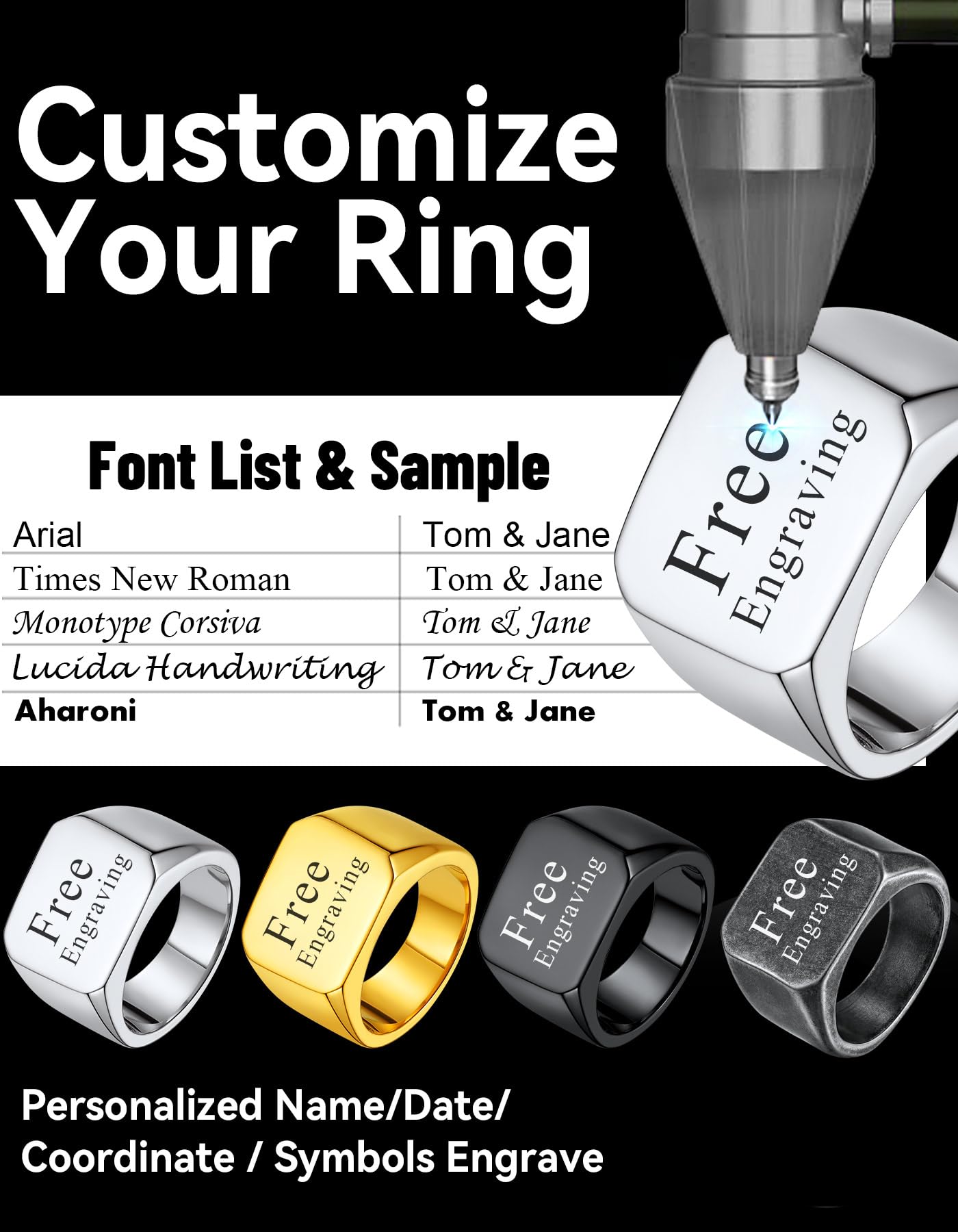 ChainsHouse Personalized Signet Rings Stainless Steel Biker Ring for Men Women, Solid Polished Statement Hip Hop Custom Thumb Ring, Size 7