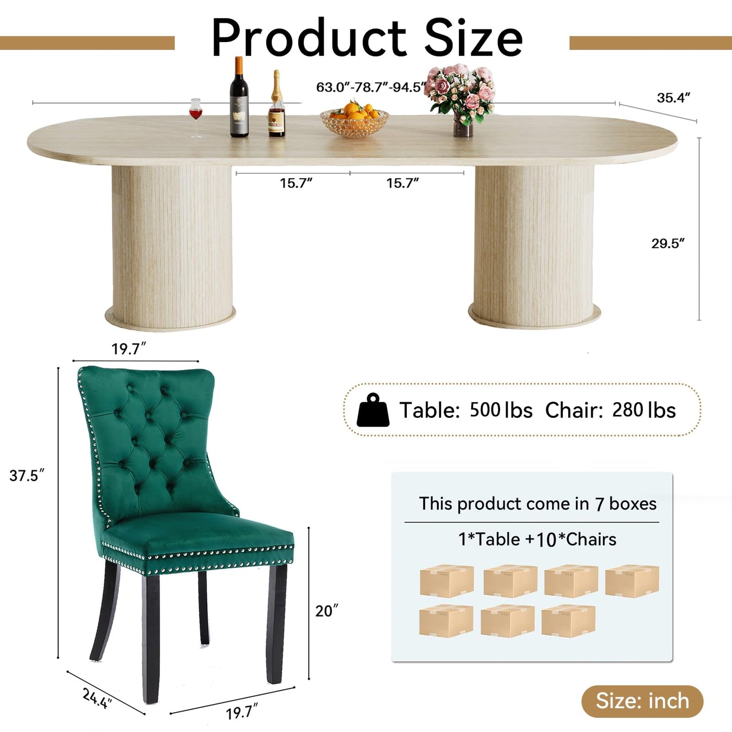 11 Piece Extendable Dining Table Set with 10 Green Upholstered Chairs, 63"-95" Faux Mars Oval Kitchen Table Set with Storage for 10, Space-Saving Expandable Dining Room Table Set w/Wood Fluted Base