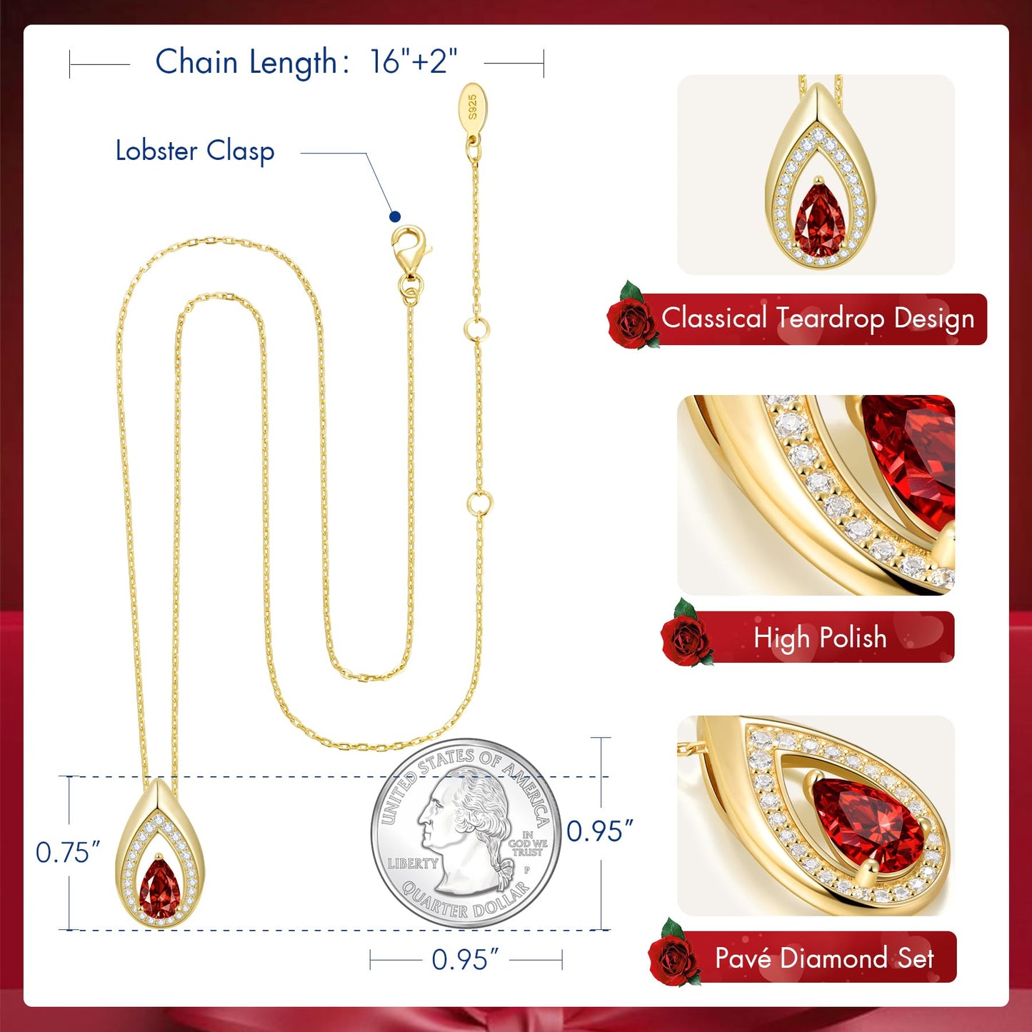 Kstyle 14k Gold Garnet January Birthstone Pendant Necklaces for Women Birthday Gift Anniversary Valentine's Day Jewelry for Wife Daughter Grandma Mom Sister Non Tarnish