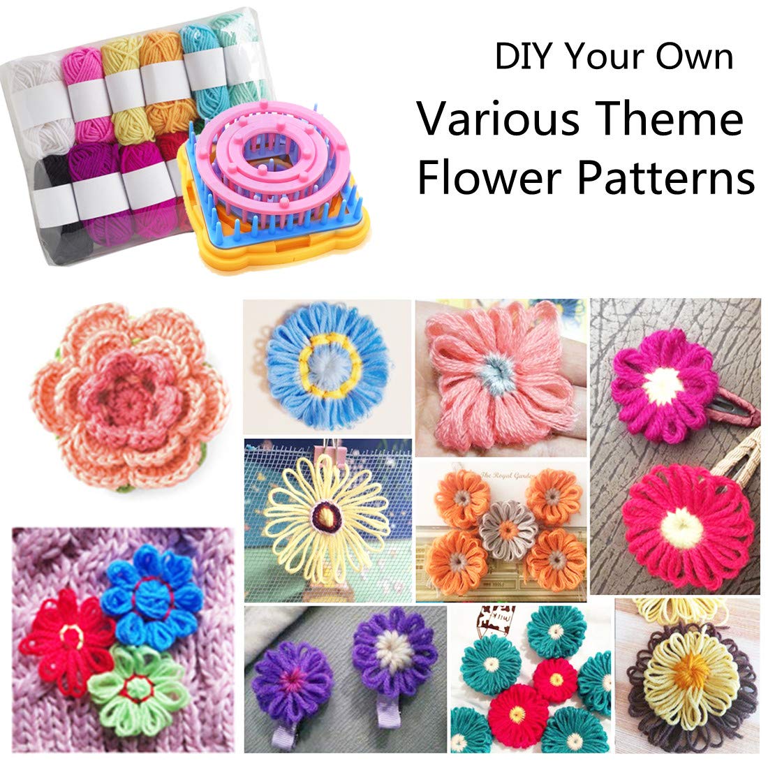 Ayasee Weaving Loom Kit, Flower Knitting Loom Kit, Frame Looms, Knitting Wool, Round/Square Knitting Looms Craft Kit Multi Color (Flower Maker + Pom Maker + Yarn)