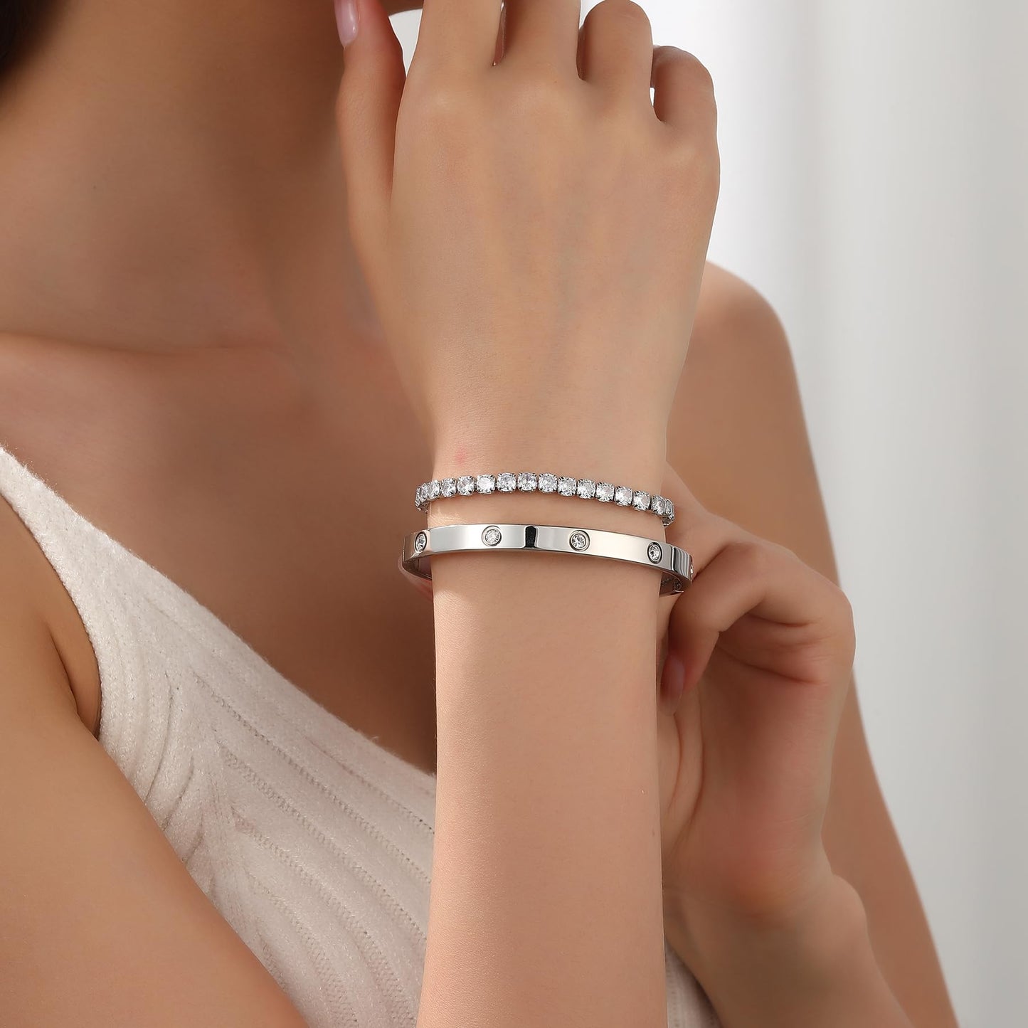 Jade cabbage Gold Bracelets for Women 18K Gold Plated Love Friendship Bracelet With Cubic Zirconia Cuff Bangle Jewelry Set Witness the Gift of Love (6mm silver Large 7")