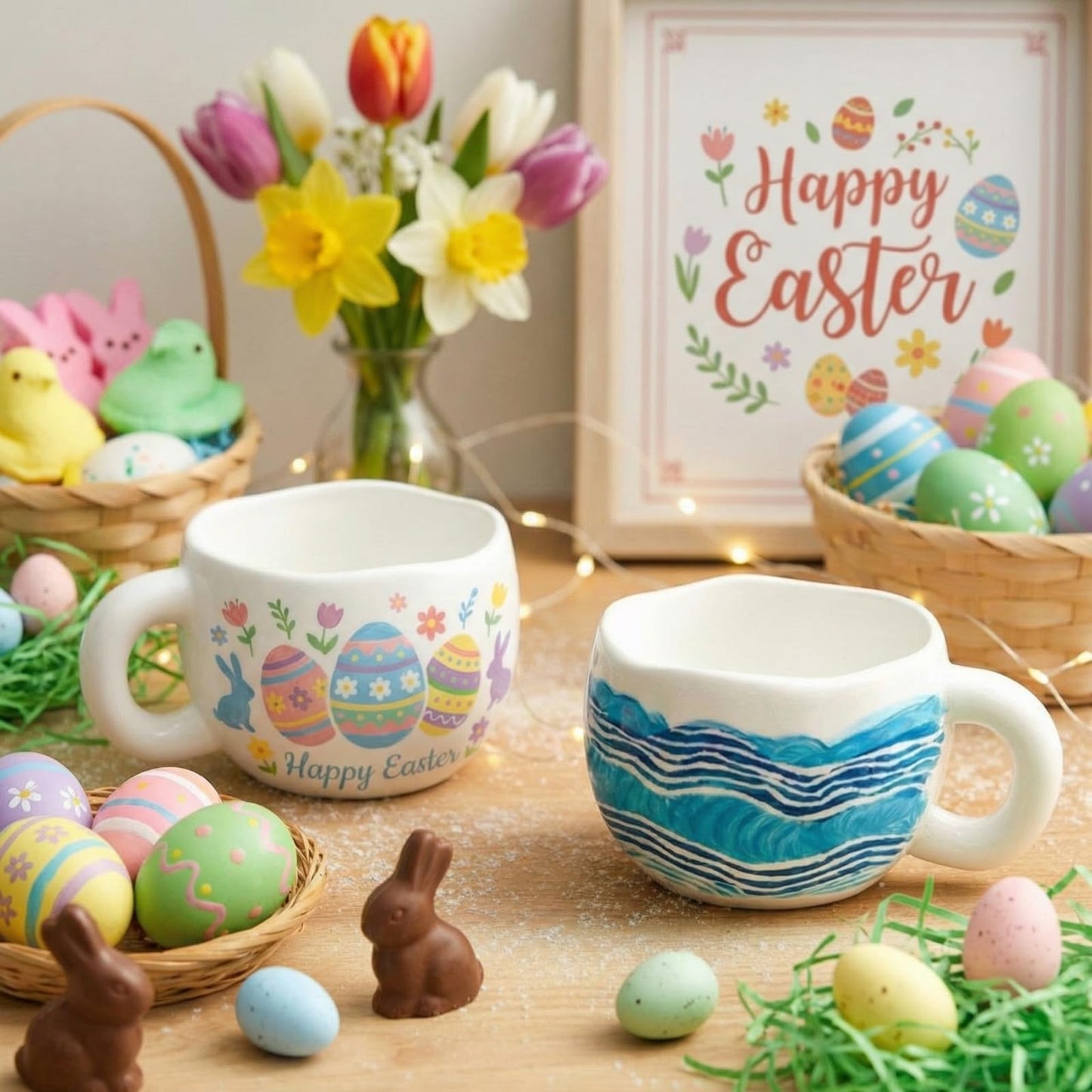 Geiserailie Pottery Painting Kit for Adults, Paint Your Own Mug DIY Set with 2 Ceramic Mugs, 12 Acrylic Paints & Brushes Painting Gift for Easter Graduation Mother's Day Party(Petal-Shaped Mouth)