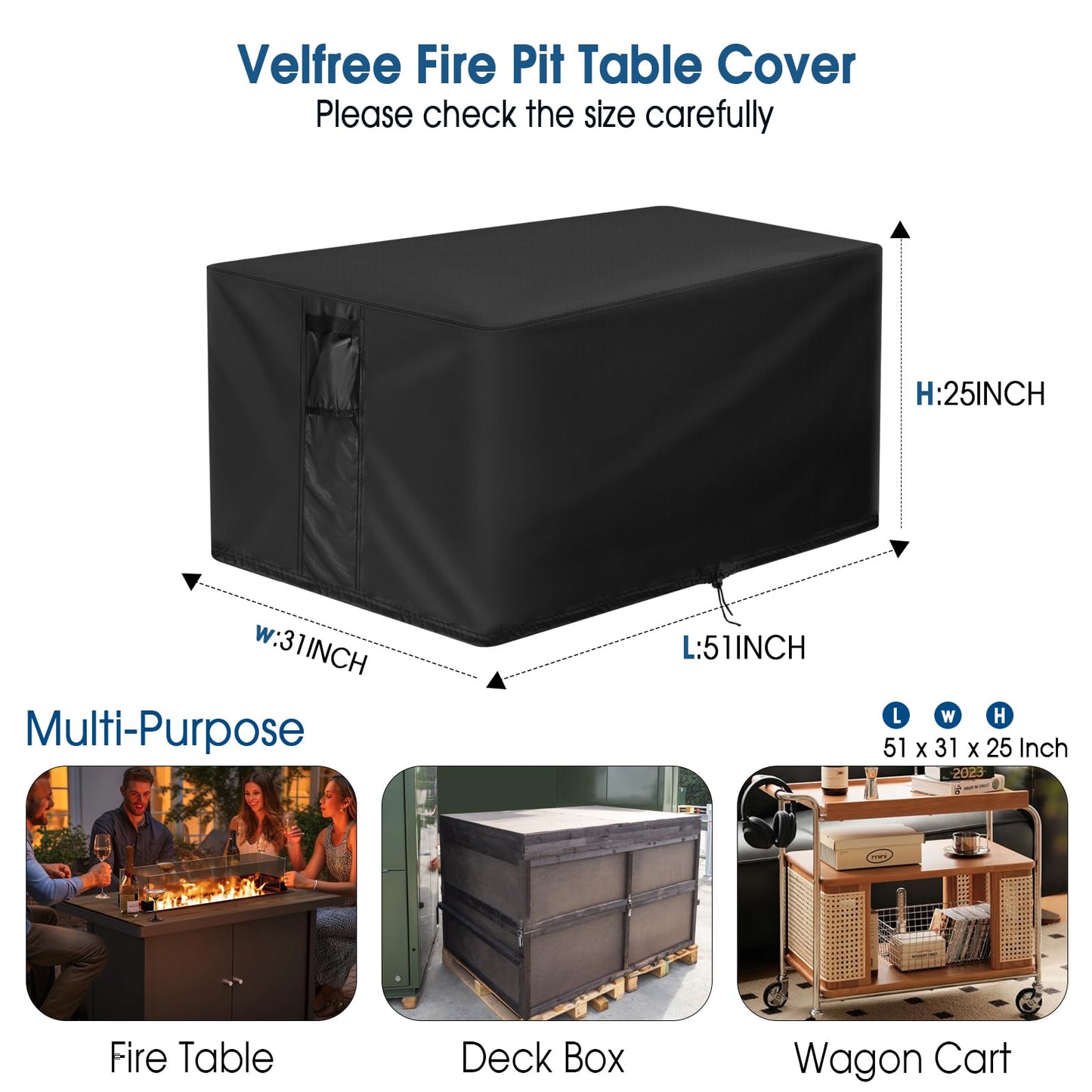 Velfree Fire Pit Cover Rectangular 51 Inch, Outdoor Fire Table Cover Rectangle, Waterproof Heavy Duty Cover for Patio Fireplace/Gas Firepit Table/Patio Propane Firepit- 51 x 31 x 25 Inch