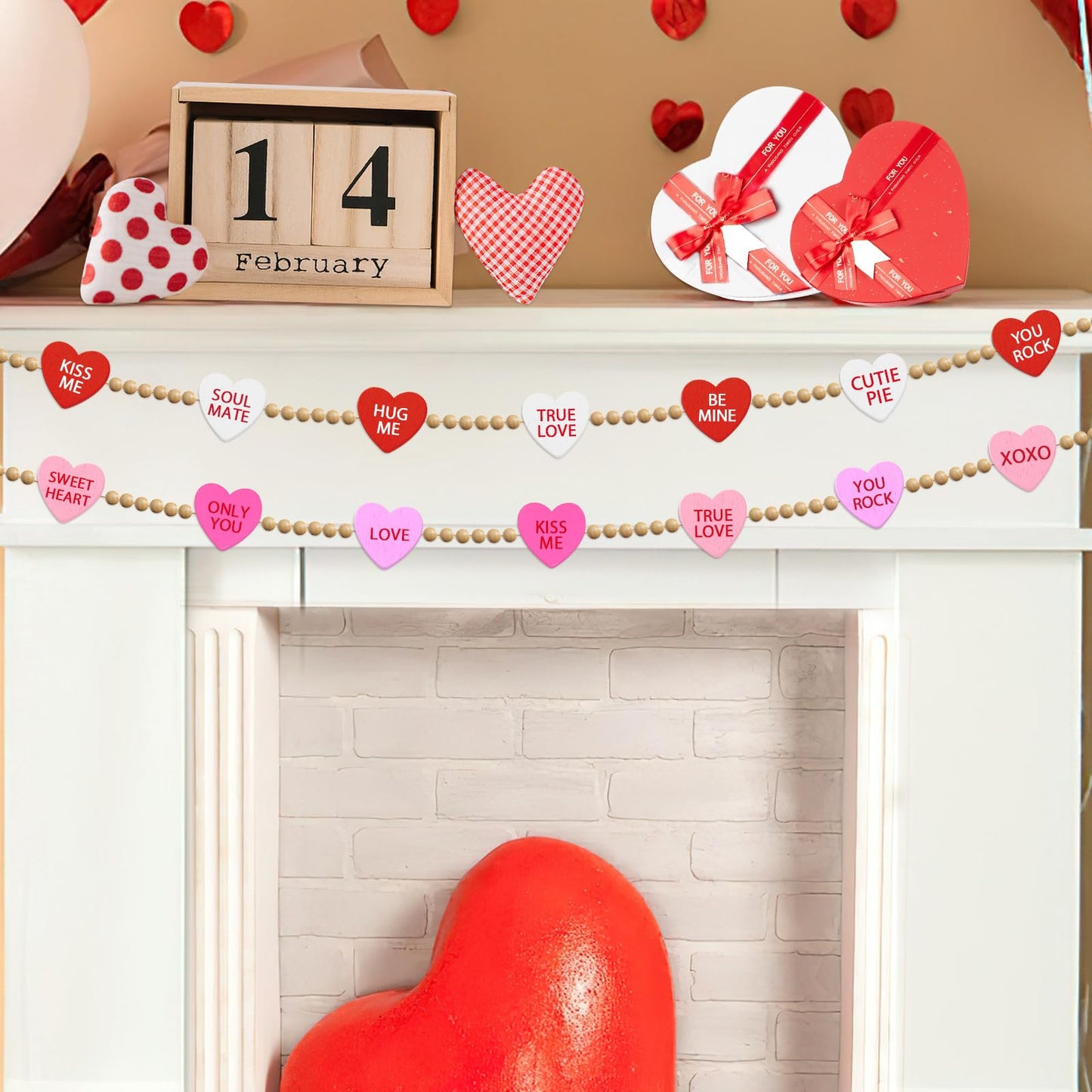 UPINS 300Pcs Conversation Heart Beads,Valentine's Day Wooden Heart Beads for Bracelets Garland Ornaments Craft Necklace Jewelry Making DIY Party Decor