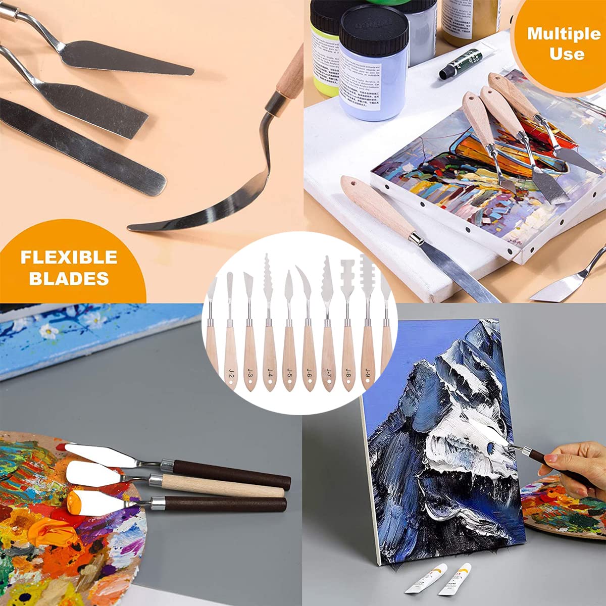 Paint Knife Set - 10pcs Stainless Steel Spatula Palette Knife Painting Tools Metal Knives Wood Handle with Different Shapes and Sizes for Oil Painting, Acrylic Mixing