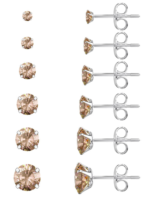 6 Pairs Stud Earrings Set Hypoallergenic Cubic Zirconia 316L Earrings Stainless Steel Earrings for Women (Champagne Color)