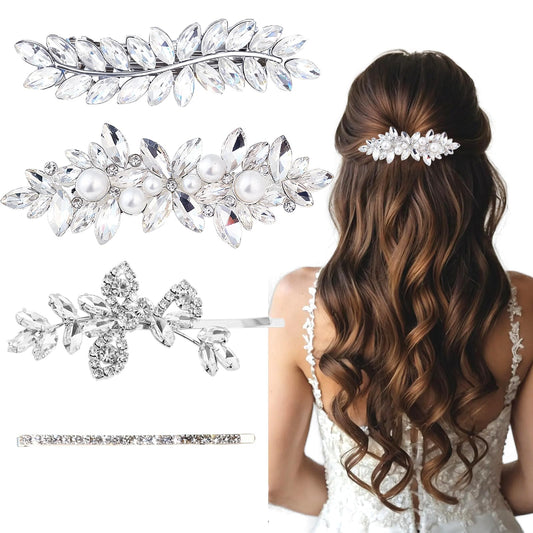 4 Pcs Rhinestone Hair Clips for Women Hair Barrettes Silver Hair Accessories Bridal for Wedding Party Everyday