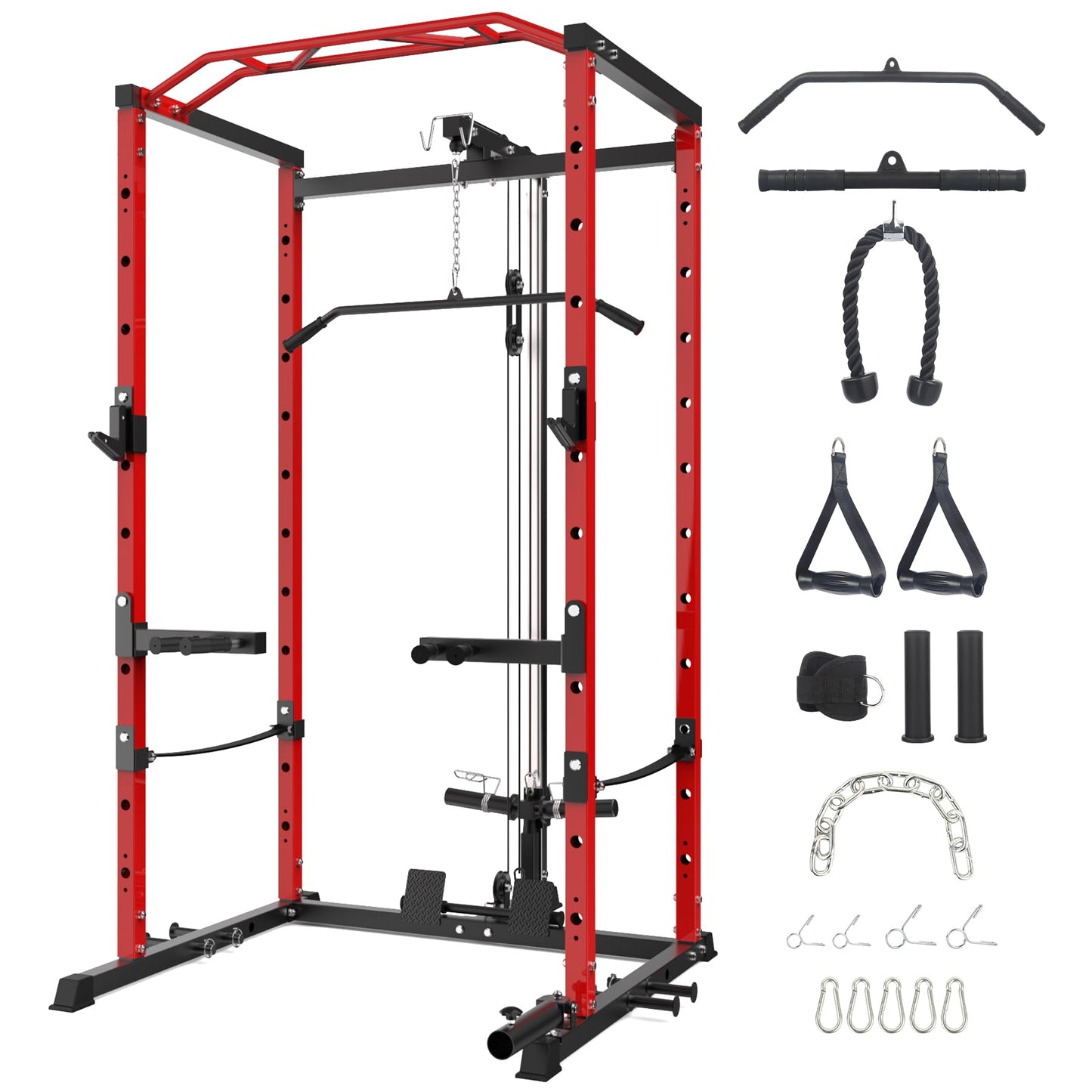 Power Cage with LAT Pulldown Machine - Squat Rack for Home Gym, Multi-Functional Weight Cage with Cable Pulley System, Dip Bars & Landmine Attachment