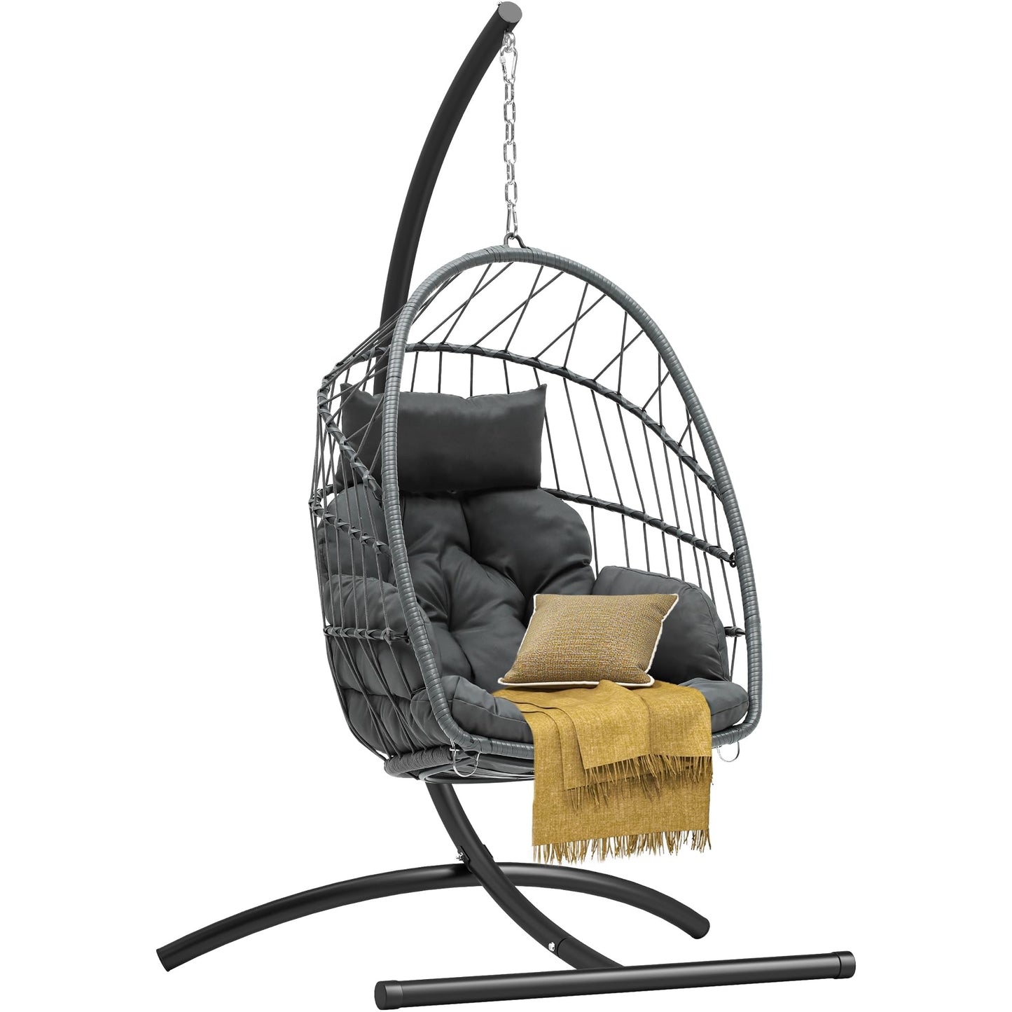 DWVO Egg Chair with Stand, Hanging Outdoor Rattan Wicker Patio Hammock Indoor Egg Chair with Cushion, Hanging Swing Chair 300lbs for Porch, Garden, Bedroom, Balcony, Gray