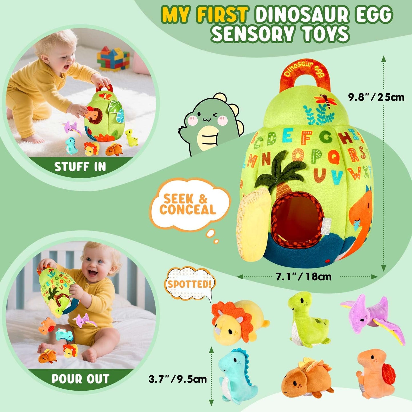 FREYBLI Baby Toys 6-12 Months - Soft Dinosaur Egg Toy with Rattle, Crinkle Paper, Squeaker, Mirror - 6 Month Old Baby Toys Boy Girl Gifts, Baby Sensory Montessori Toys for 6 Month Old Infant Toys