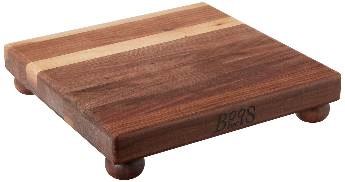 John Boos B Series Square Wooden Walnut Cutting Board 12”x12” – 1.5” Thick, 5-lb Non-Reversible Butcher Block with Wood Bun Feet & Edge-Grain