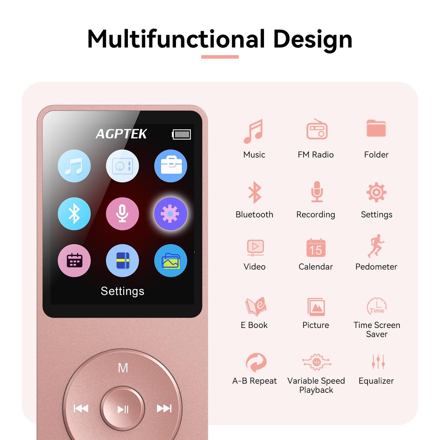 AGPTEK A02 MP3 Player with Bluetooth 5.3, 1.8 inch Screen Portable Music Player with Speaker, FM Radio, Voice Recorder, Supports Expanded Up to 128GB(Rose Gold, 32GB)