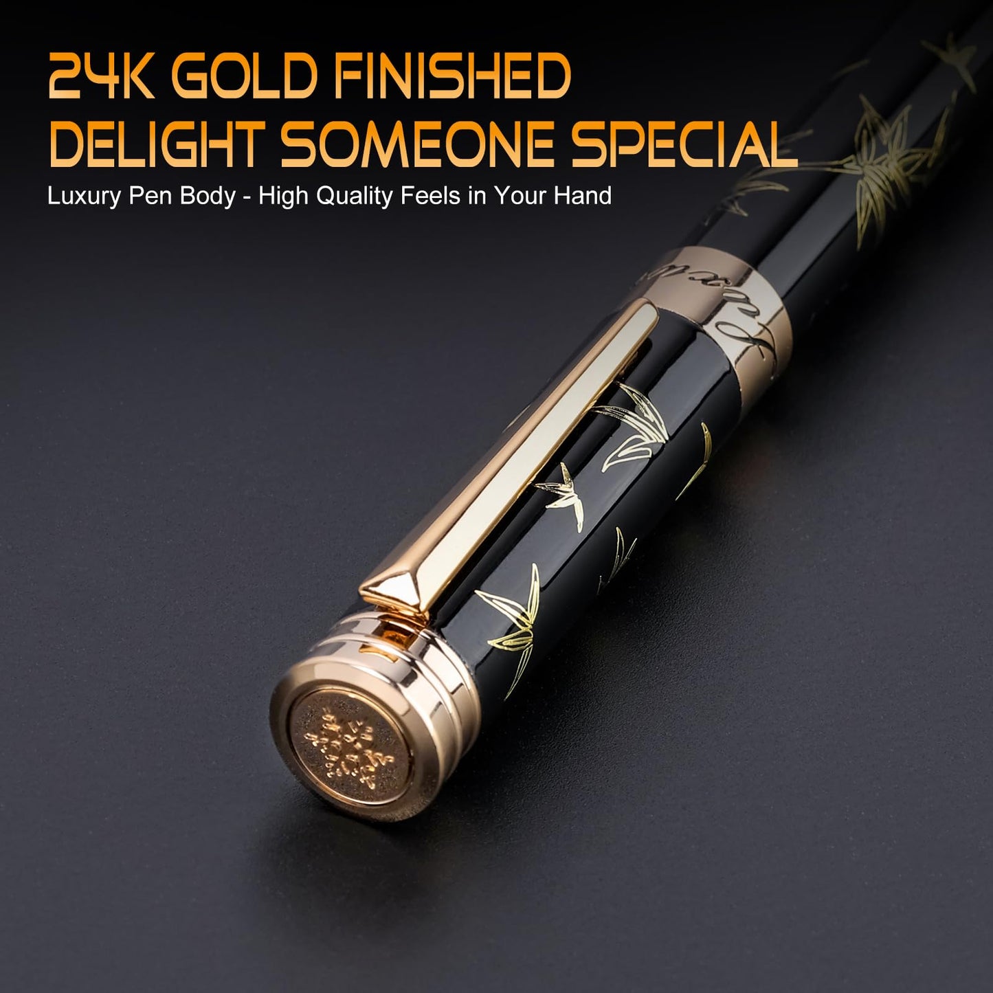Urhomefull Black Rollerball Pens-Luxury Pens for Women Men, 24K Gold Trim Elegant Pen, Executive Gift Pen Set for Office Graduation Business Nice Roller Ball Pens