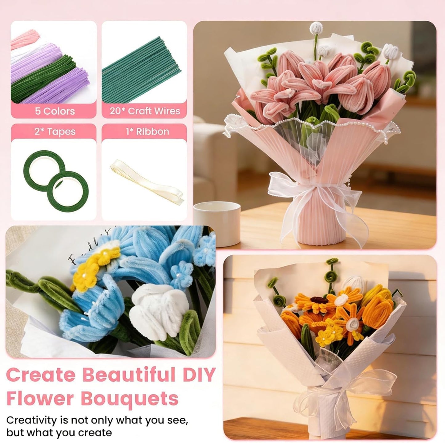 Pipe Cleaners Craft, 500 PCS Pipe Cleaner Flower Kit with 5 Colors Chenille Stems, Floral Wires, Ribbon, Gardening Tape & Stamen for DIY Bouquets, Arts and Crafts Supplies