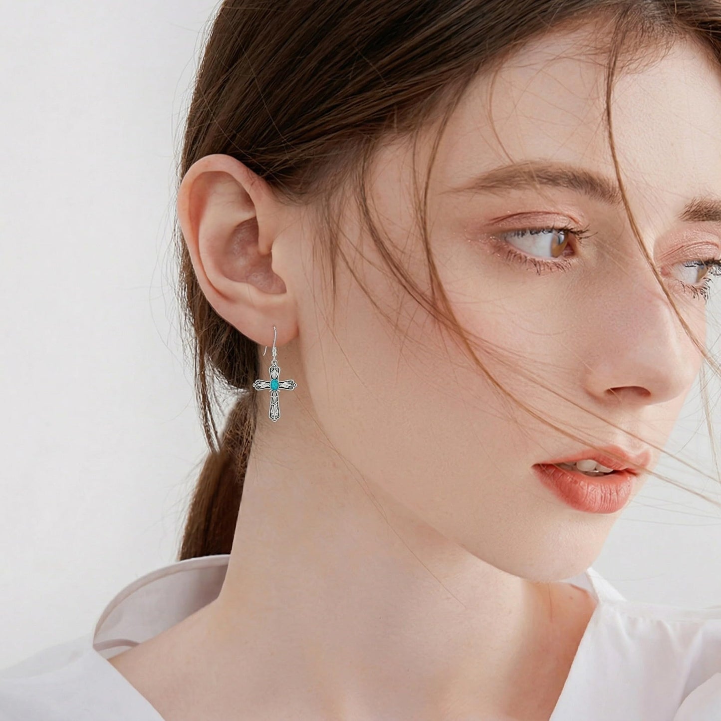 Eetaitai Natural Turquoise Earrings for Men Women 925 Sterling Silver Cross Western Dangle Earrings Boho Jewelry Mothers Day Gifts for Mom Wife Sister
