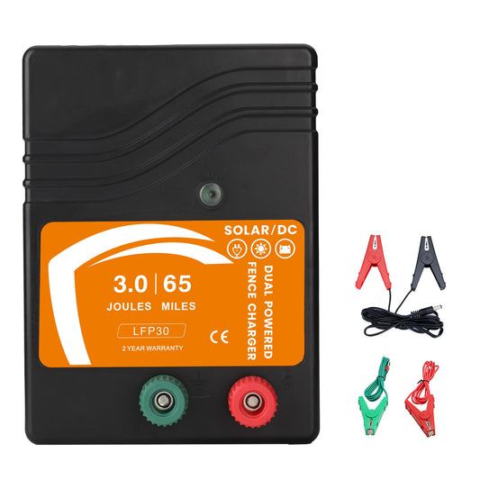 Electric Fence Charger 3 Joule AC DC Solar Powered 65 Miles 200 Acres, Output Voltage Max 10.4 kV, No Adapter Included, for Livestock, Preventing Predators from Intruding