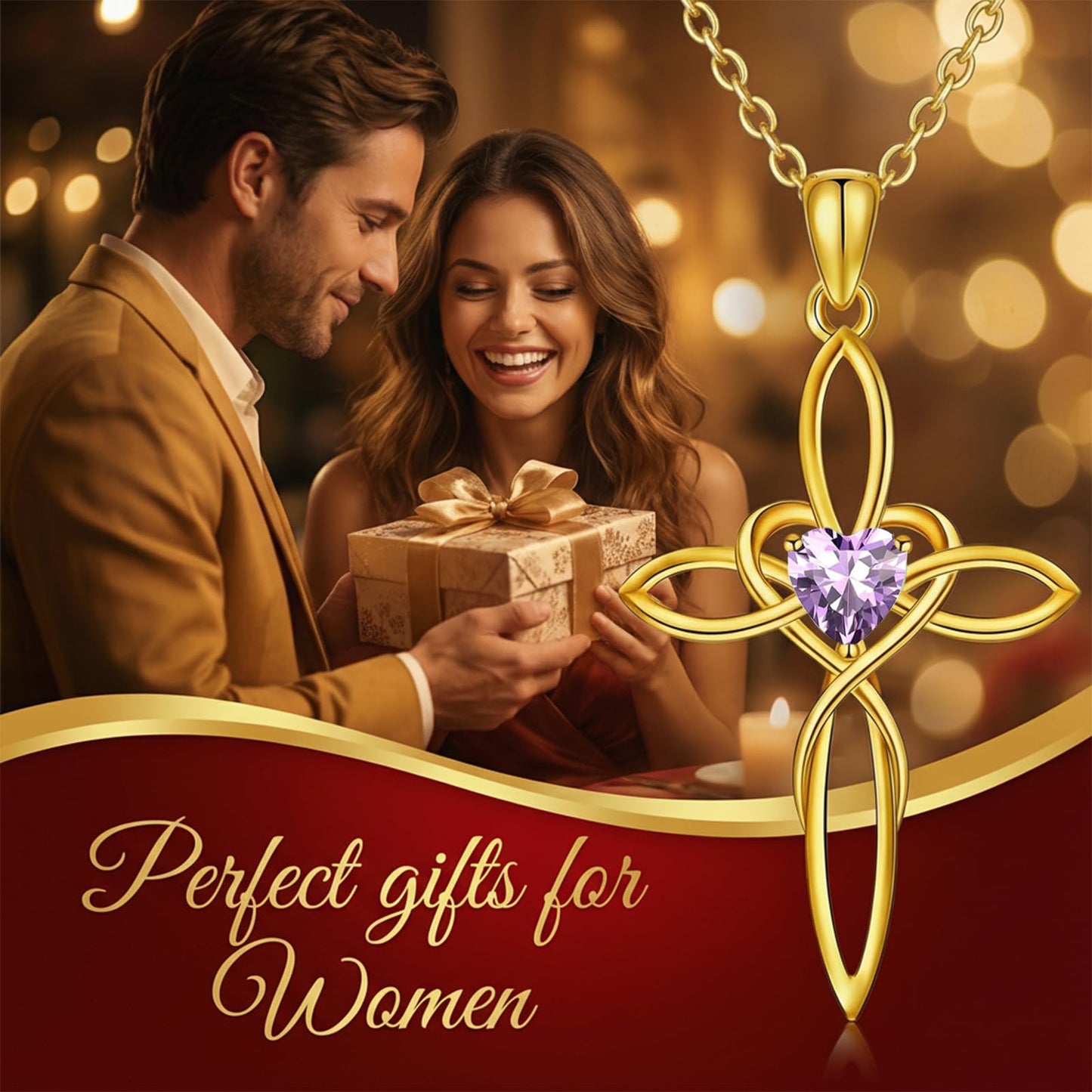 POIUY Celtic Knot Cross Birthstone Necklace for Women 14K Gold Irish Infinity Dainty Heart Pendant Cross Jewelry Anniversary Valentines Birthday Mothers Day Gifts for Mom Wife Her