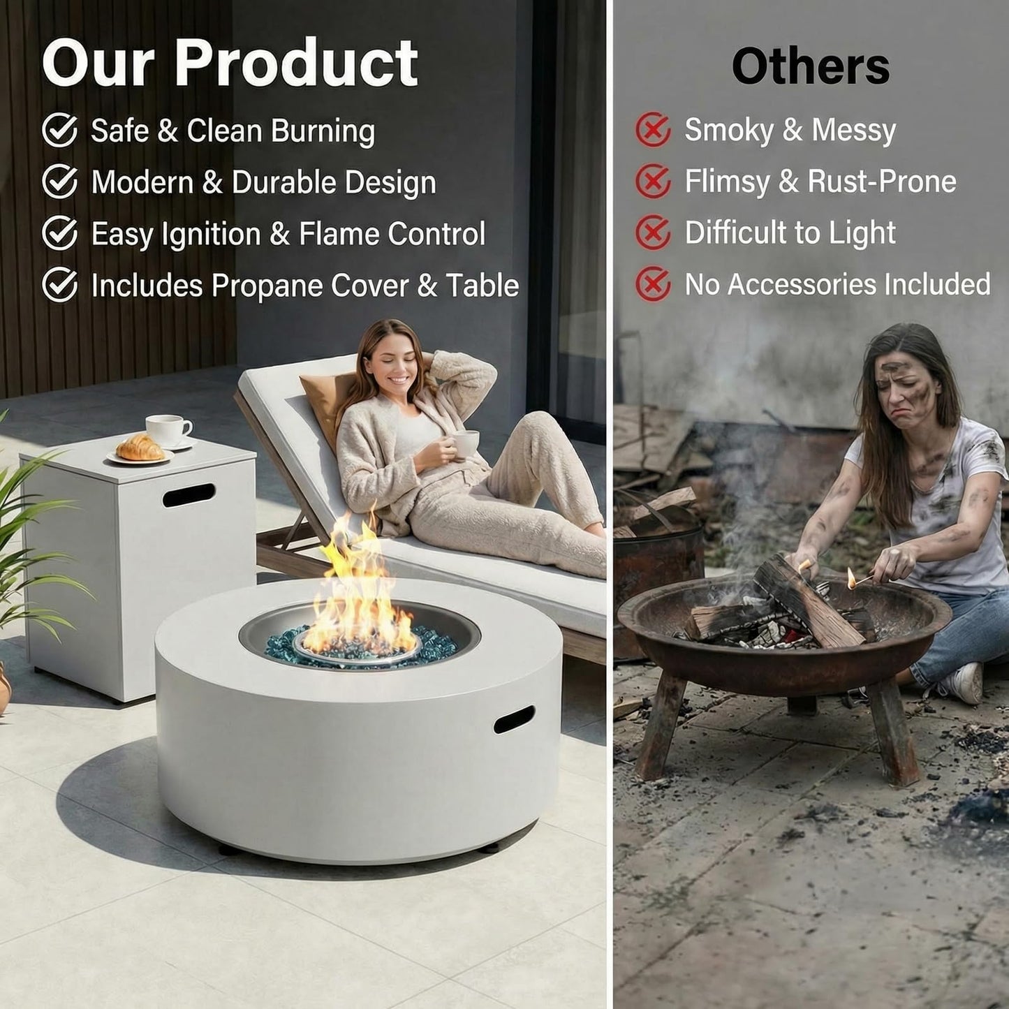 TLGREEN 30in Outdoor Propane Fire Pit Table,2 in 1 Round Gas Fire Pit Table with Tank,50,000 BTU,Rain Cover,304 Stainless Burner,Blue Glass,for Outside,Patio,Deck,Backyard,Garden,Pool,Light Grey