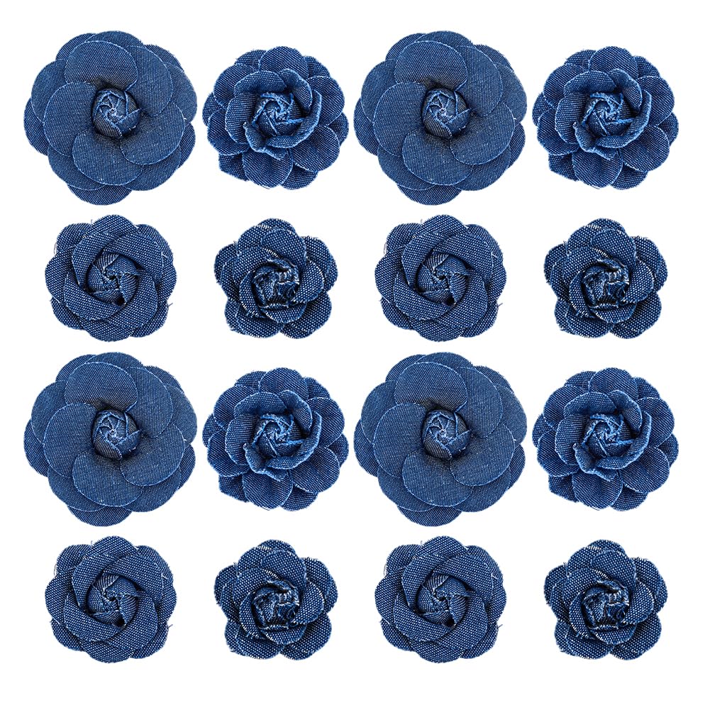 SUPERFINDINGS 16Pcs 4 Styles Marine Blue Denim Cloth Flowers Fabric Camelia Canvas Fabric Flower Flower Shaped Sewn Accessories for Clothes Decoration Jacket Skirt Coat Trim Brooch Crafts DIY