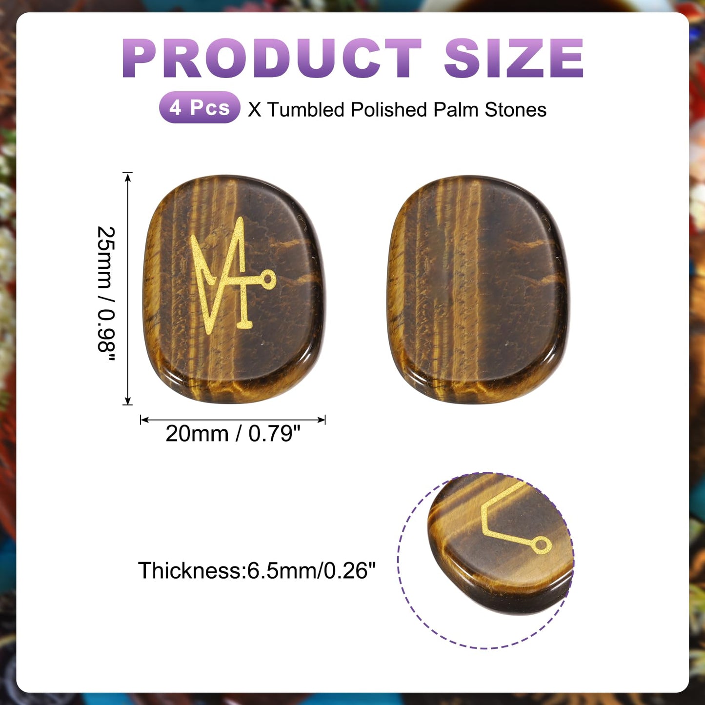 MECCANIXITY 4Pcs Engraved Chakra Stones with Reiki Symbols, Tiger's Eye Reiki Healing Crystal Gemstone 7 Chakra Crystal Stones Tumbled Palm Stone for Anxiety Relieve