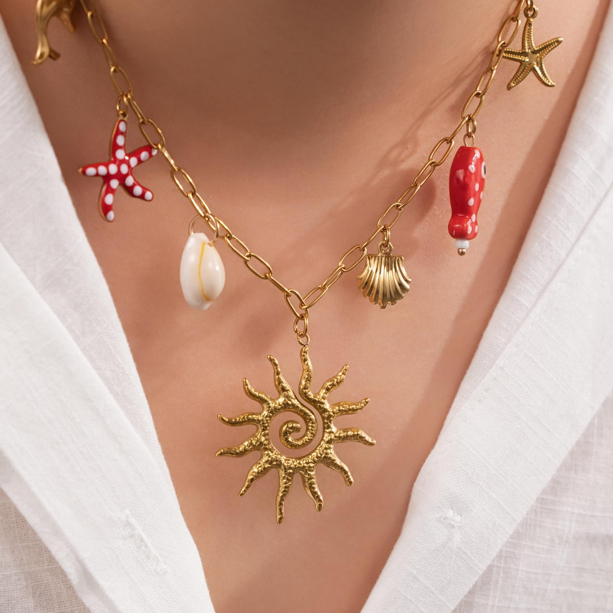 Chunky Gold Necklace Statement Boho Beach Ocean Summer Stainless Steel Jewelry Shell Starfish Turquoise Dolphin Pearl Sun Flower Wave Heart Fish Charm Choker Necklaces for Women(Sun)