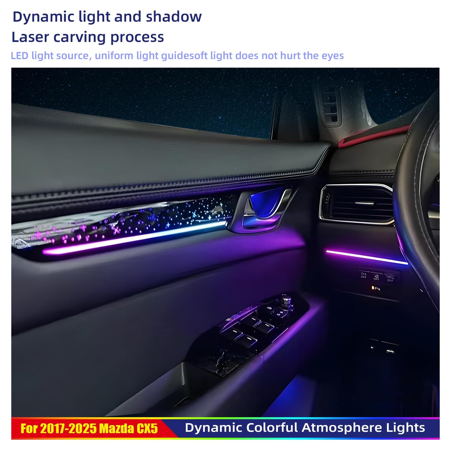 256-Color Interior Ambient Lighting Kit for Mazda CX-5 2017-2025 | 4 Door Panels + LED Strips + Footwell & Handle Lights | Music Sync, APP & Button Control