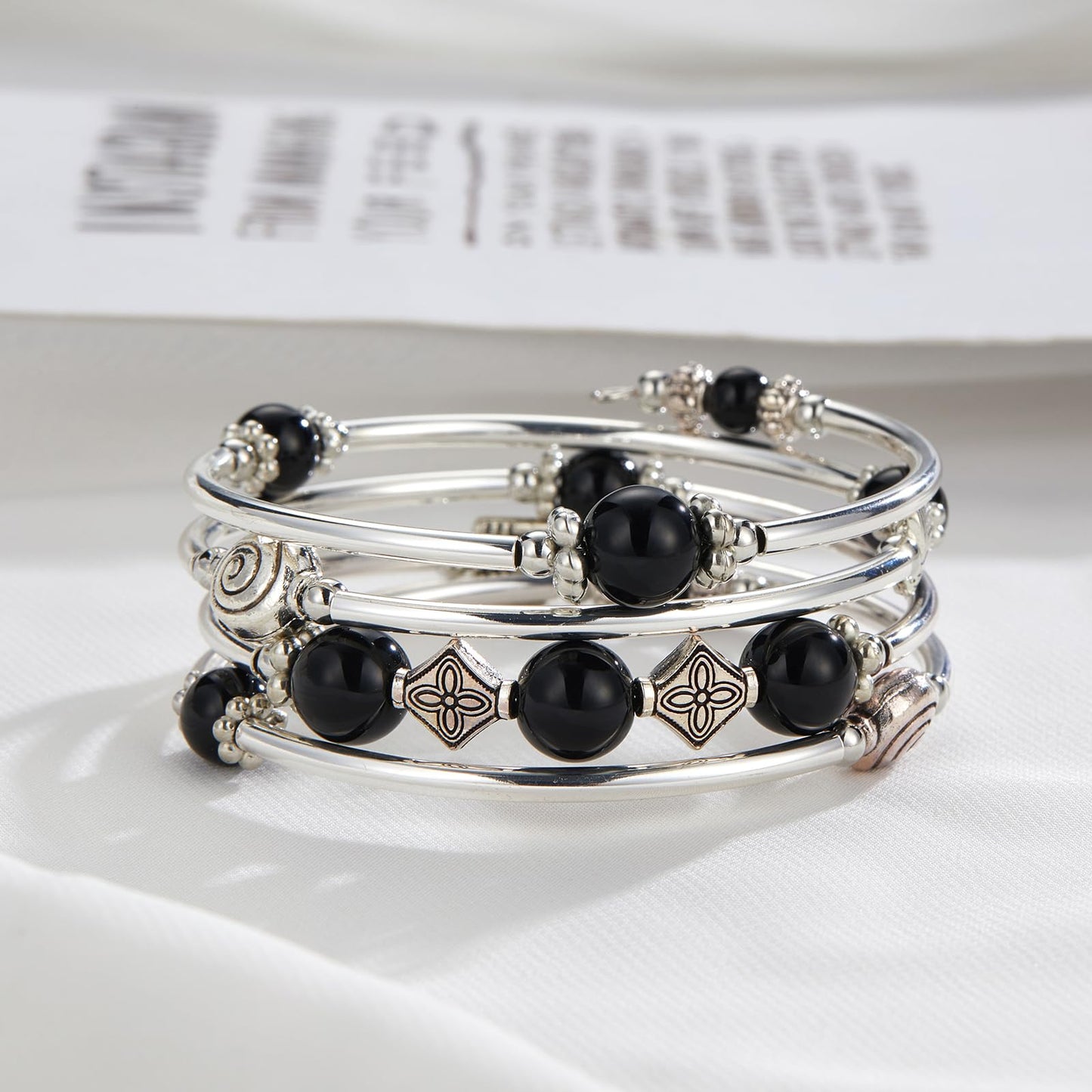 Beaded Pearl Bangle Wrap Bracelet - Fashion Bohemian Jewelry Multilayer Charm Bracelet with Thick Silver Metal Beads, Gift For Women(Black)