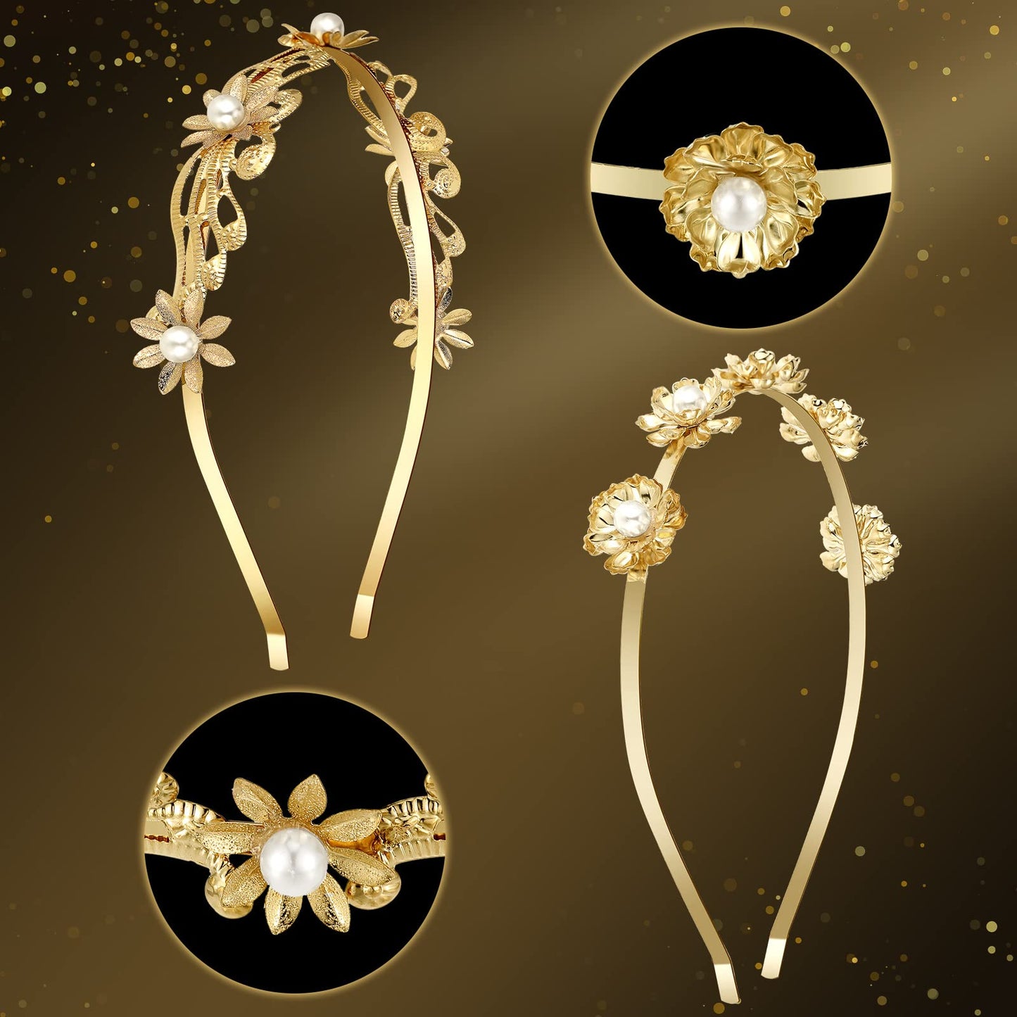 XunYee 6 Pcs Gold Leaf Headbands Set Pearl Headbands for Women Greek Goddess Accessories Flower Faux Pearls Hairband Gold Metal Prom Headpiece Crown Bridal Hairband for Women Girl (Stylish Pattern)
