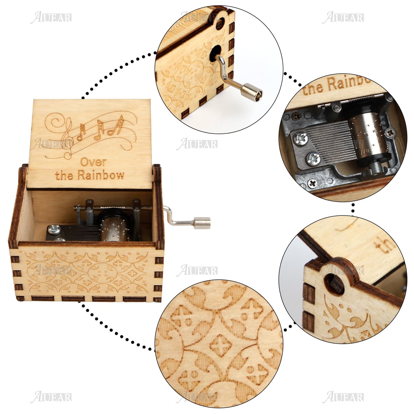 AUEAR, Over The Rainbow Wooden Music Box Hand Crank Laser Engraved Vintage Musical Small Unique Gift for Birthday Wedding Christmas Valentines Day (Style D)