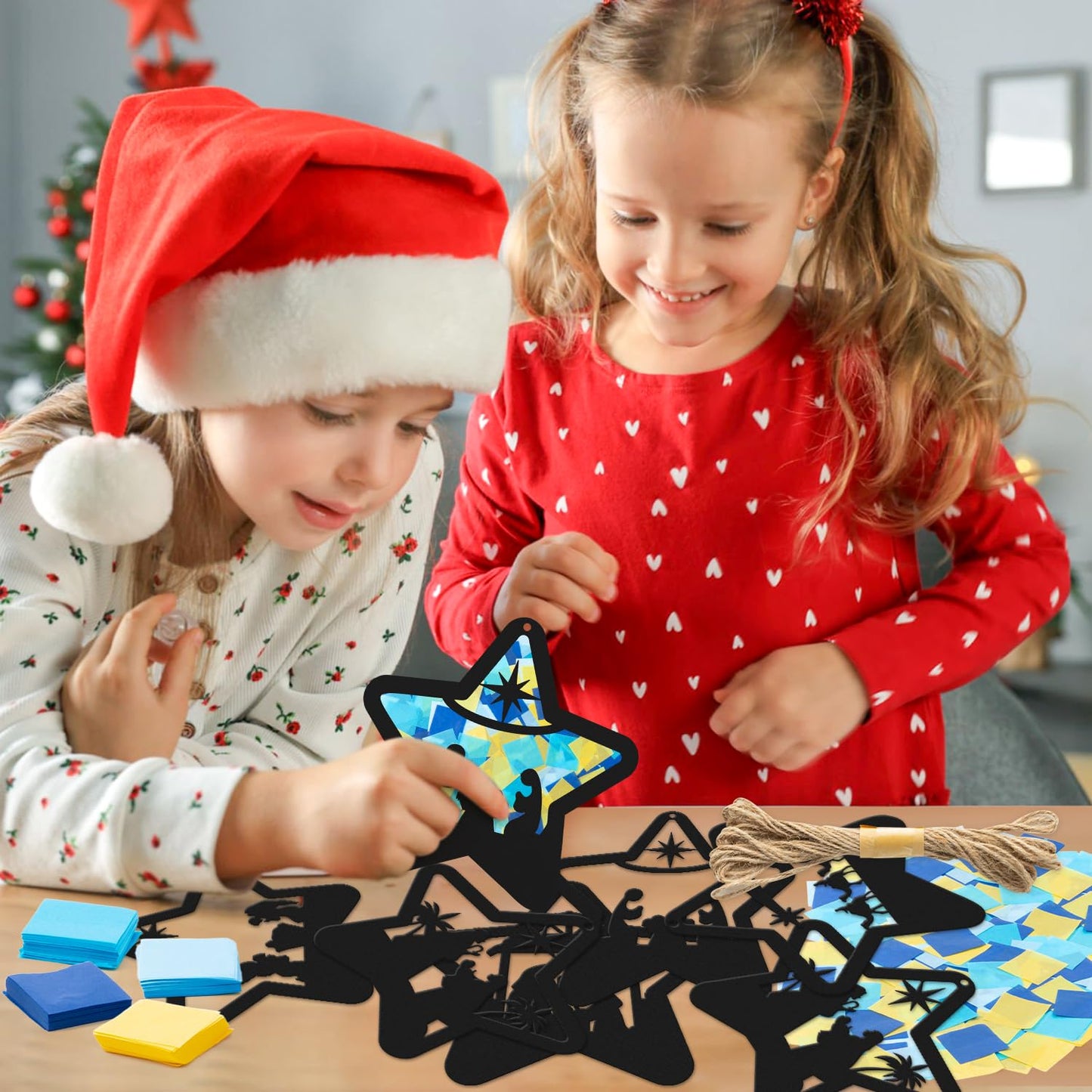 CJiangpo 24 Sets Christmas Nativity Suncatcher Paper Craft Kits, DIY Stained Glass Effect Window Ornament Rainbow Tissue Paper Art Craft for Kid Classroom Activities Christian Religious Party Decor