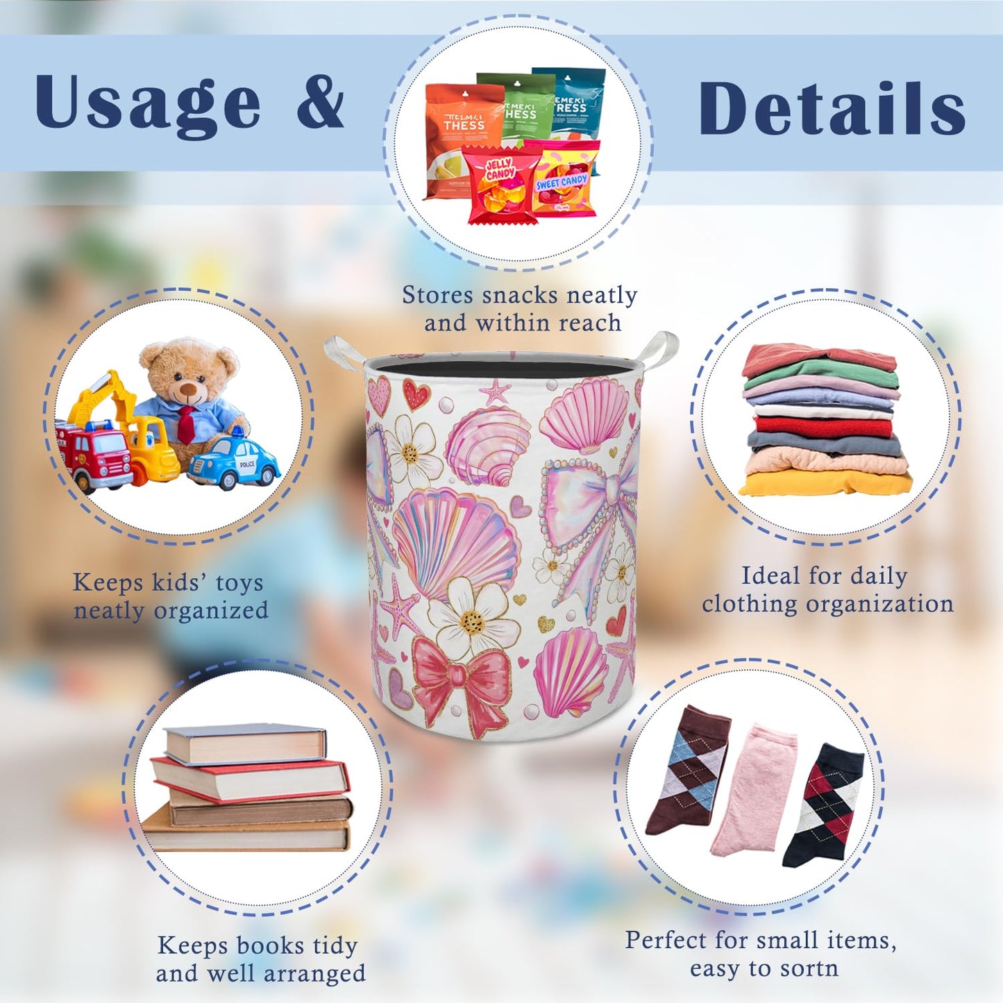 TAZSWDMM Preppy Bow Coastal Beach Laundry Basket Hamper, Coquette Seashell Starfish Ocean Foldable Clothes Toys Books Storage Box Bins Baskets Organizer for Girls Dorm Room Bathroom Home