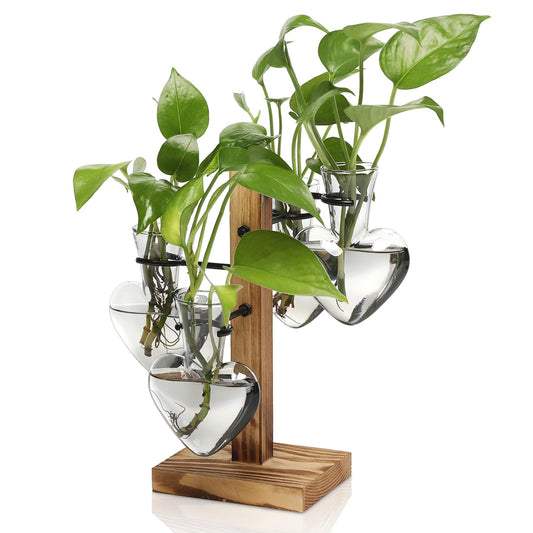 CYZglass Plant Terrarium Propagation Stations with Wooden Stand, Glass Vase for Indoor Hydroponics Home Garden Office Decoration Gift for Women - 4 Love Bulb Vase
