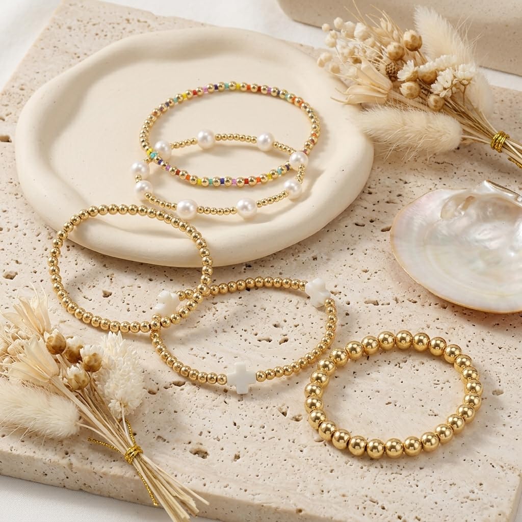 Bohxantium 14K Gold Beaded White Cross Bracelets for Women Dainty Pearl Colorful Seed Beads Stretch Stackable Non Tarnish Bracelet Stack Boho Christian Jewelry Accessories Birthday Prom Friendship Gift