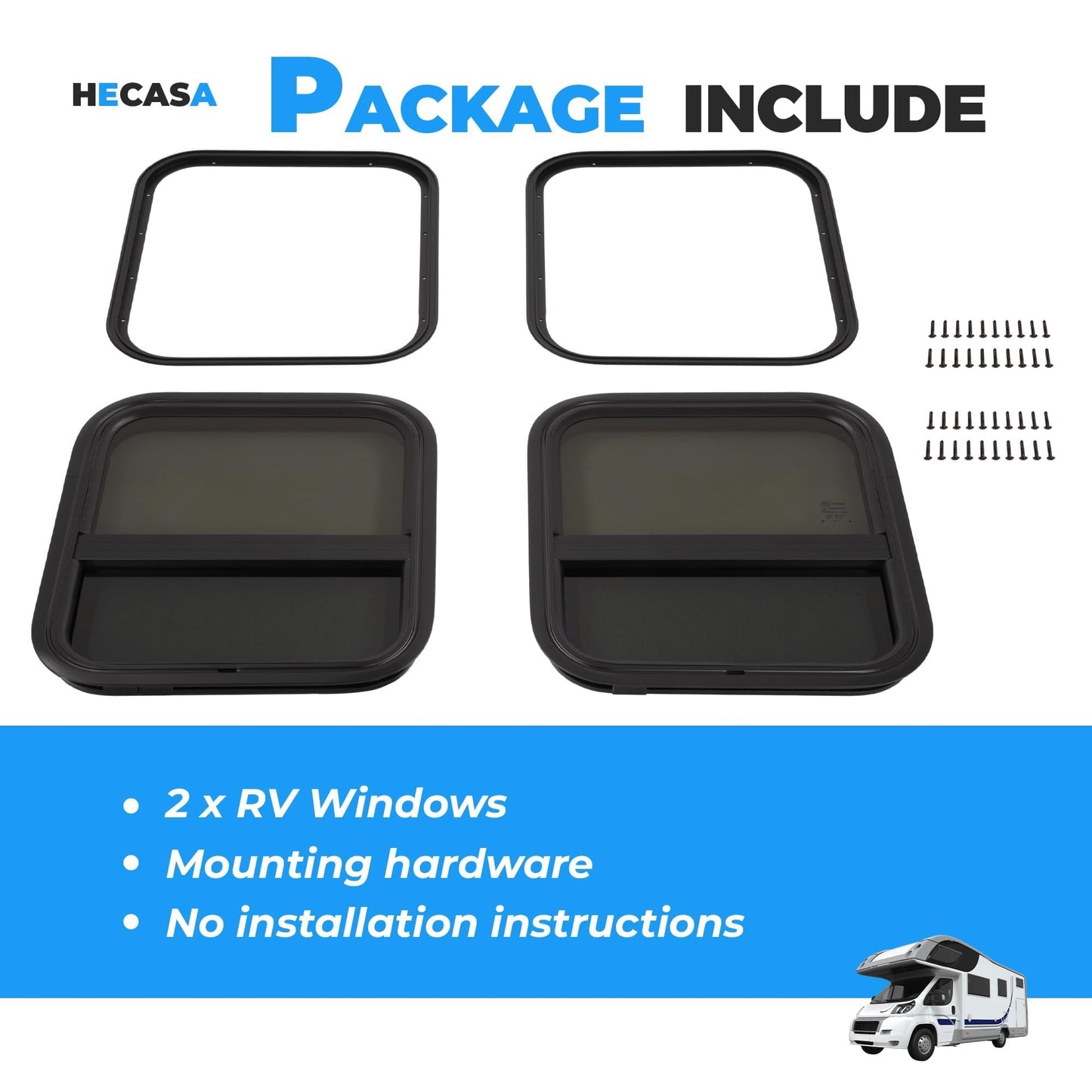 HECASA RV Sliding Window 17.5" X 15.5" w/Mesh Screen & Trim Ring For Vertical Trailers, Motor Homes, Engineering Vehicles Side Window Replacement Tempered Glass Aluminium Black 2Pcs