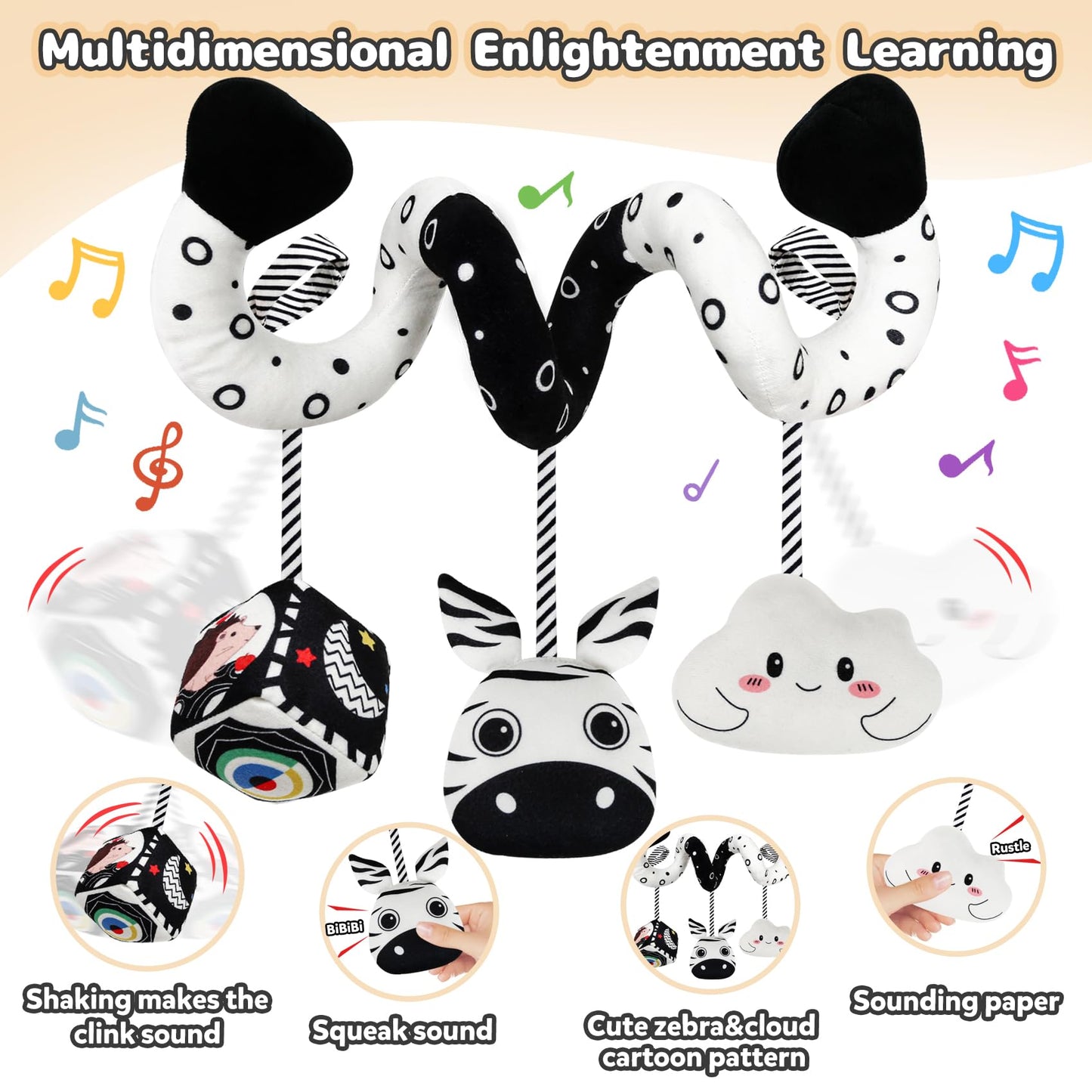 Car Seat Toys for Babies 0-6 Months,Hanging Rattle Toys for Crib Mobile, Baby Spiral Hanging Stroller Black and White High Contrast Toys for Newborn 0 3 6 9 12 Months Baby Boys Girls (Zebra)