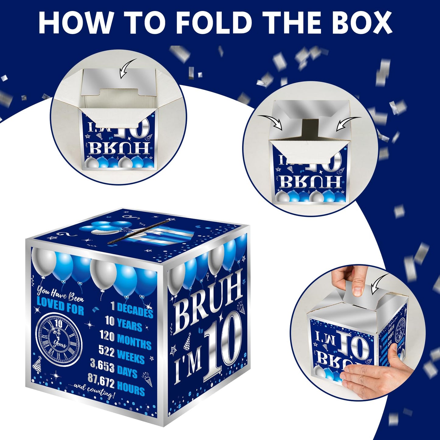Turypaty 10th Birthday Decorations Pull-Out Money Gift Box for Boys Girls - Blue Sliver Happy 10th Birthday Party Cash Gift Box with Pull-Out Card - A Fun and Loving Way to Offer Cash Present